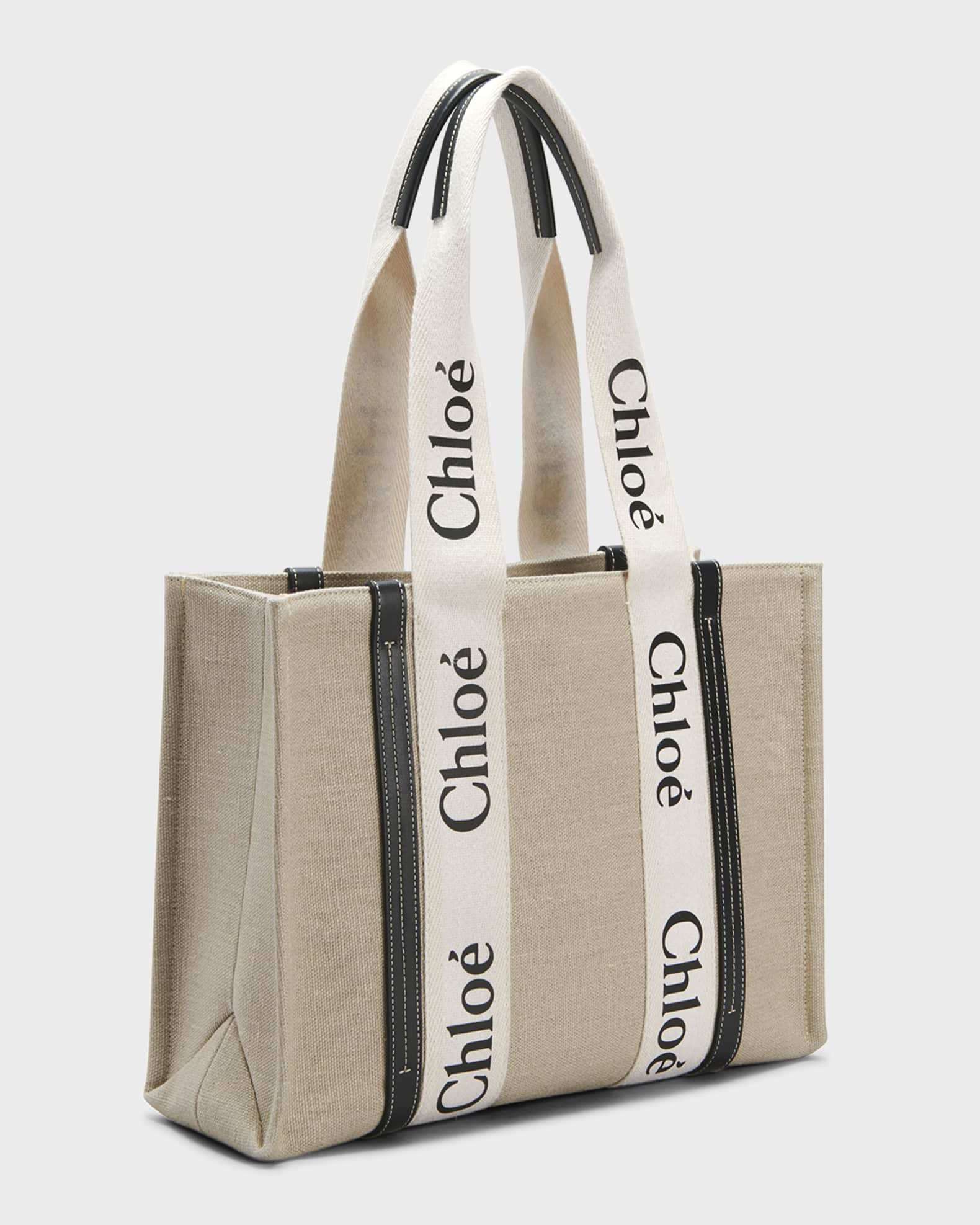 トートバッグ Chloe Woody Small Tote Bag In Linen And Leather Chloé Small Woody Tote Bag In Linen in White - Brown | Chloé US