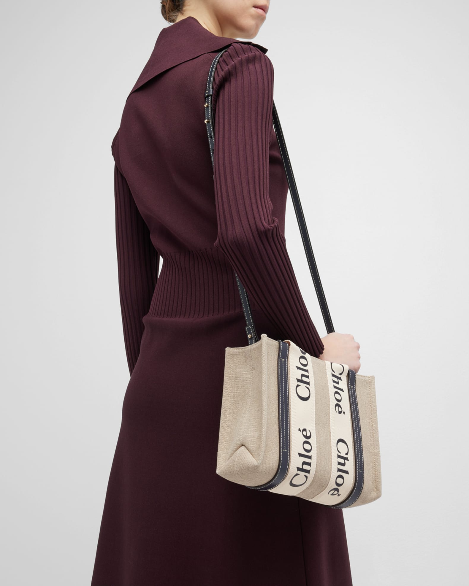 Woody Small Tote Bag in Linen with Crossbody Strap | Neiman