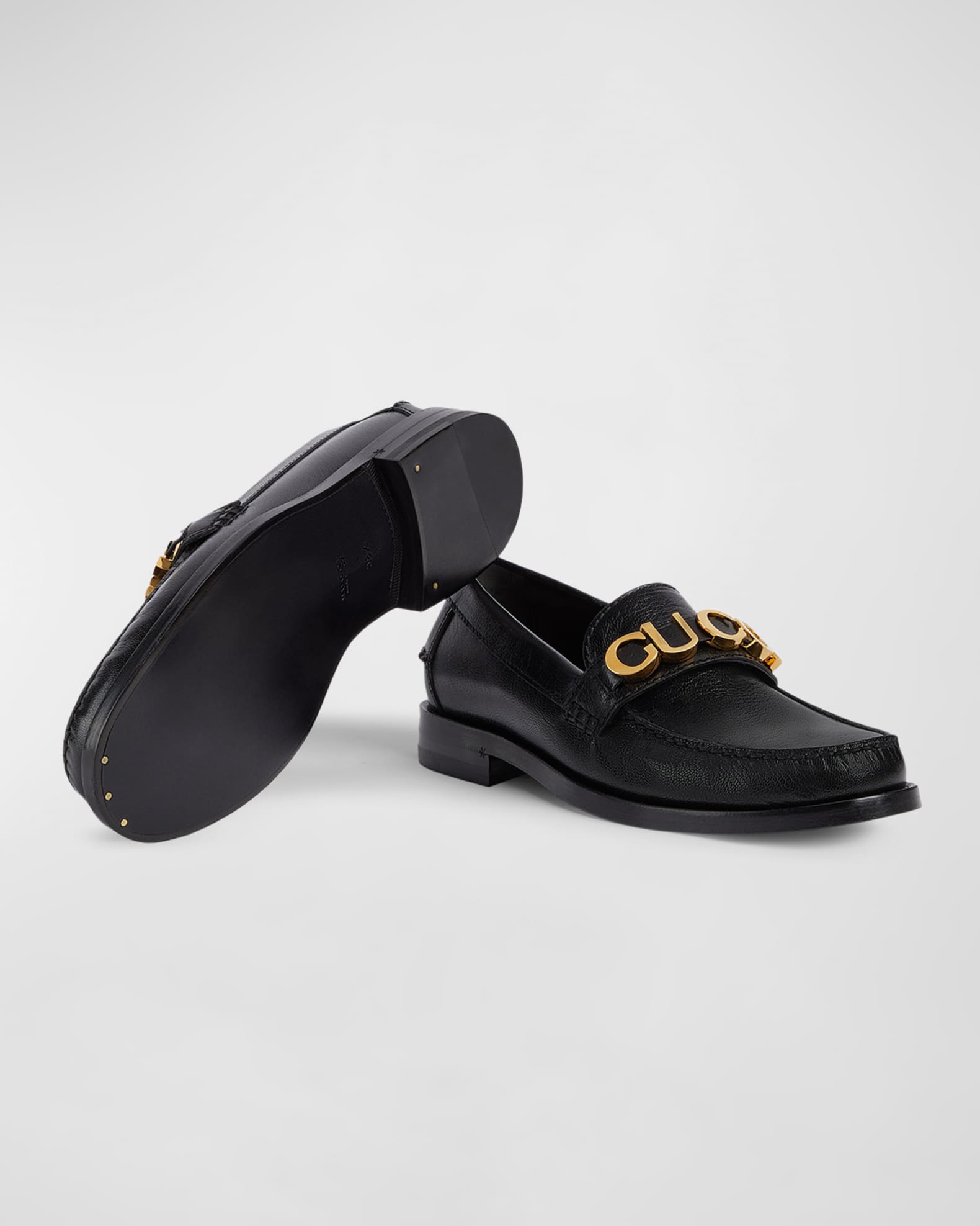 Gucci Men's Cara Gold Logo Black Leather Loafers Dress Shoes Size 9 UK