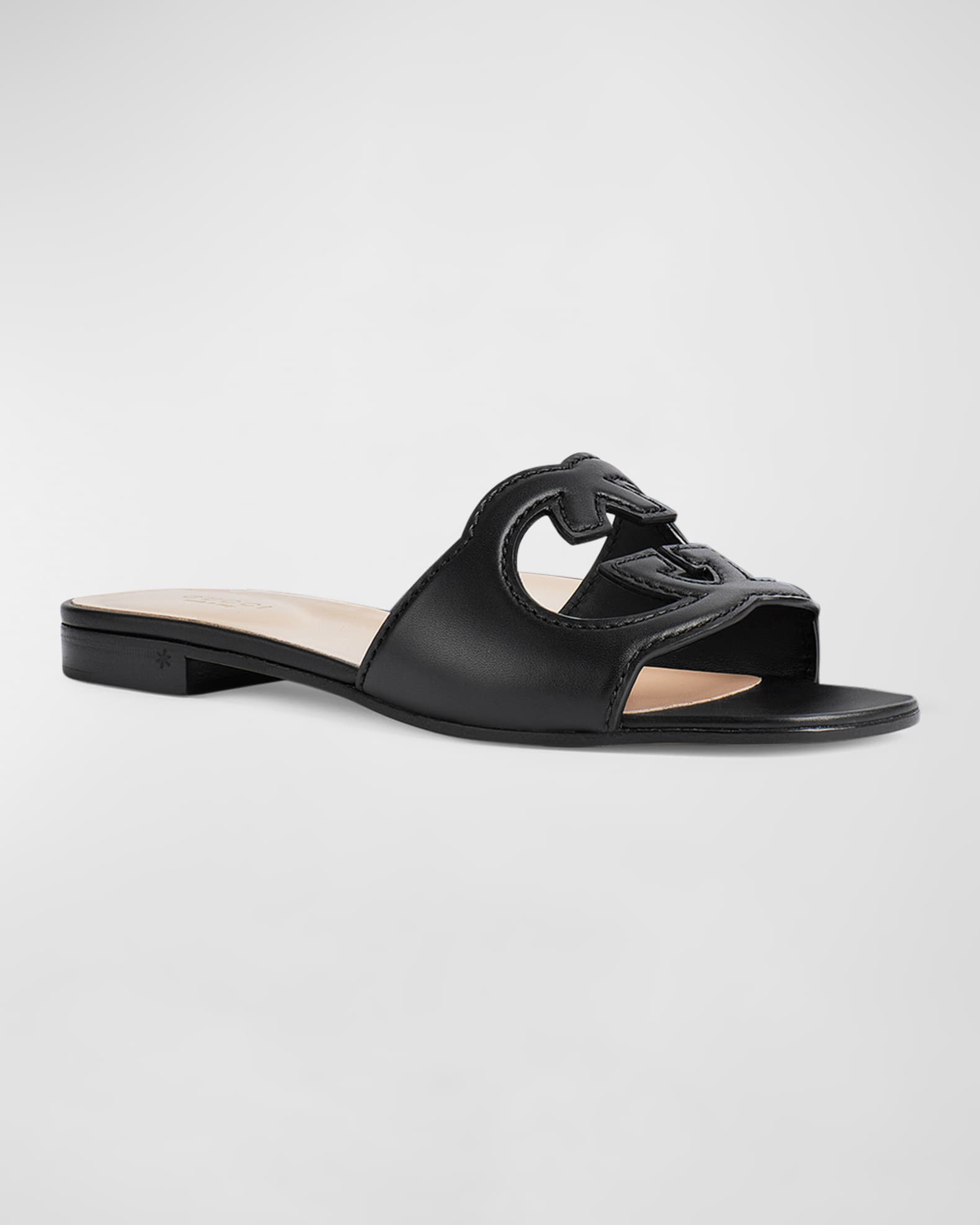 Gucci Leather Logo Cutout Flat Sandals | Neiman Marcus