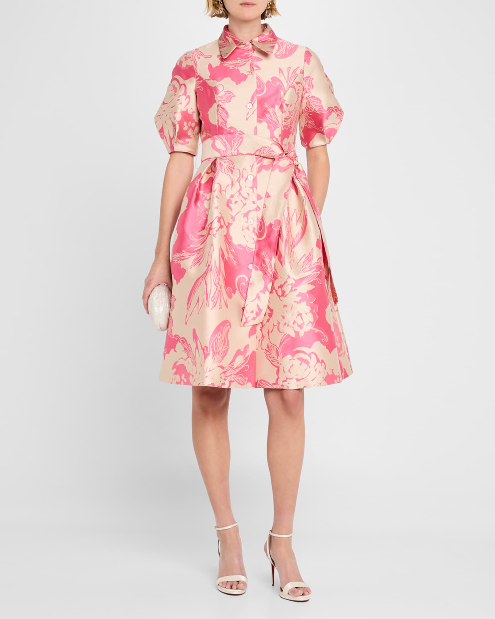 Floral Jacquard Puff-Sleeve Shirtdress 1