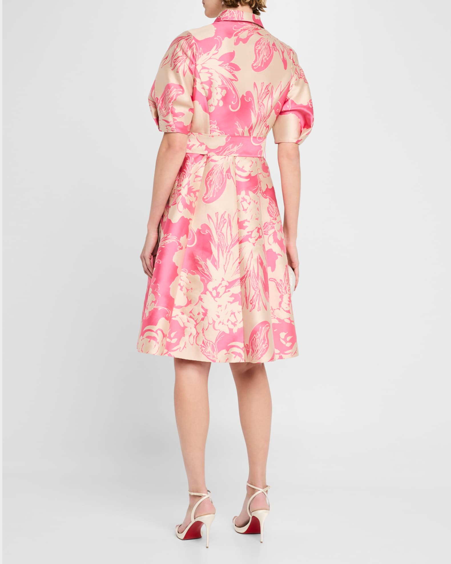 Floral Jacquard Puff-Sleeve Shirtdress