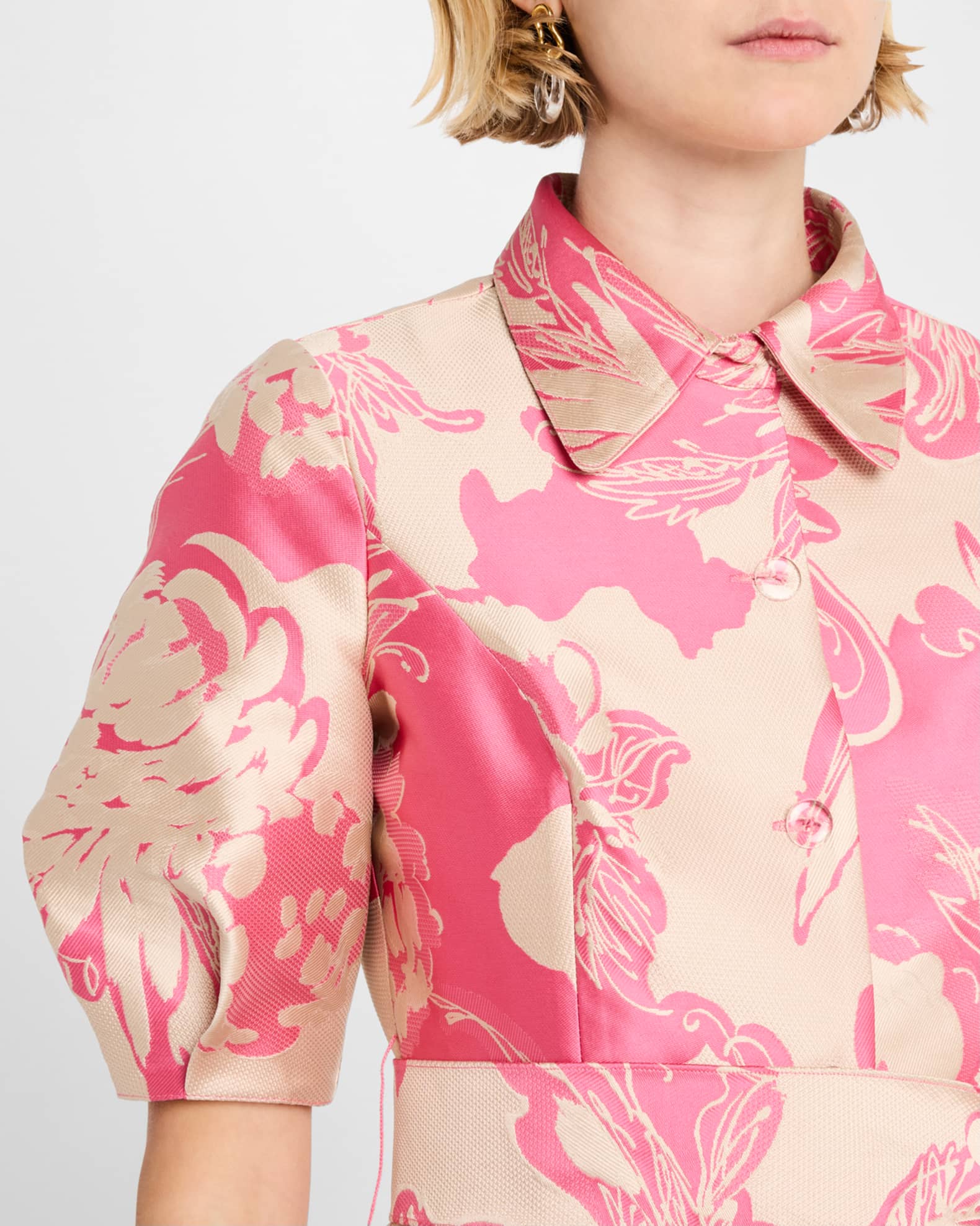 Floral Jacquard Puff-Sleeve Shirtdress