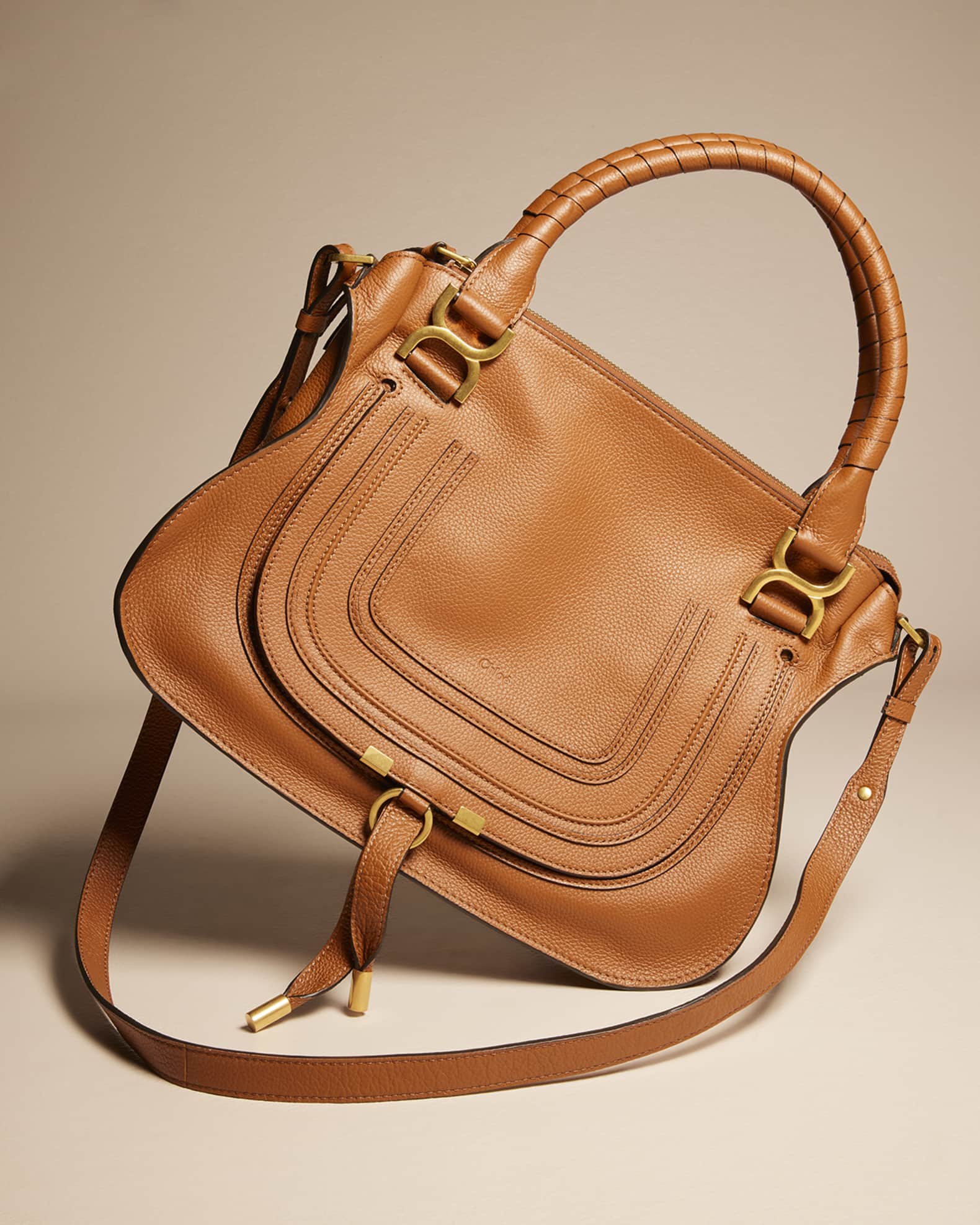 ハンドバッグ Chloe Marcie Medium Double Carry Pure Brown Chloe Marcie Medium Double Carry Satchel Bag in Grained