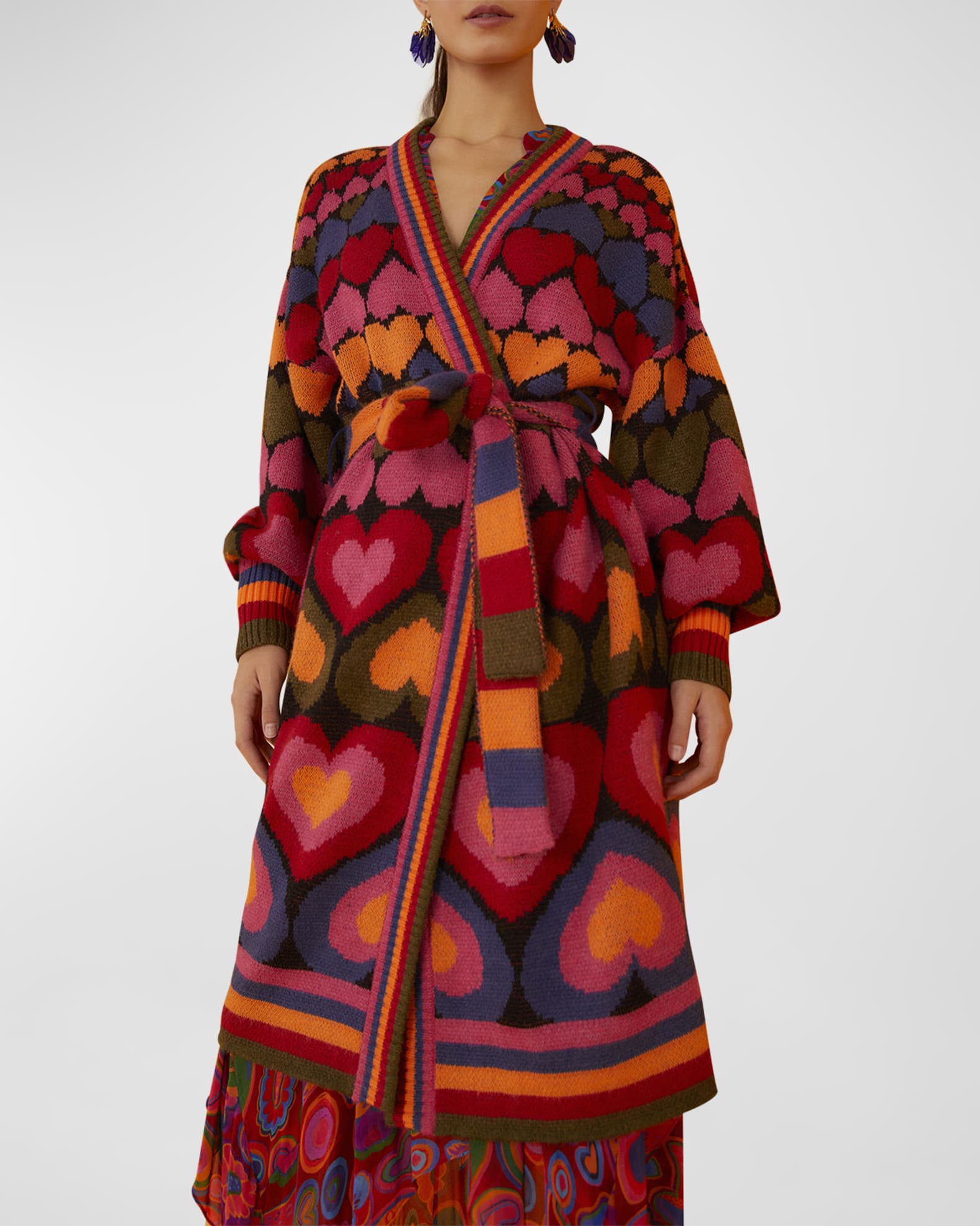 Farm Rio Full of Hearts Belted Midi Cardigan Neiman Marcus