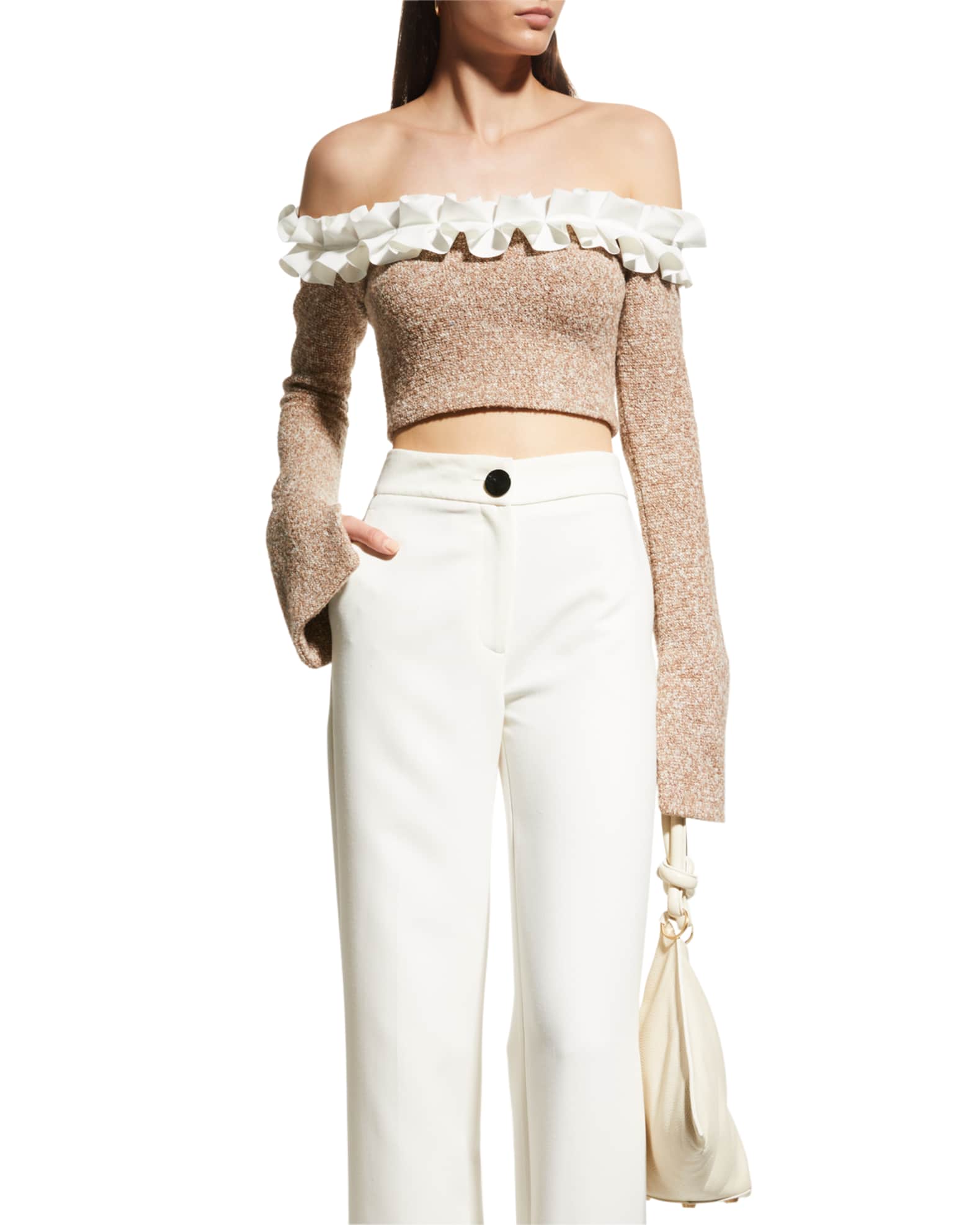 AAIZEL Off-The-Shoulder Pleated Cropped Sweater