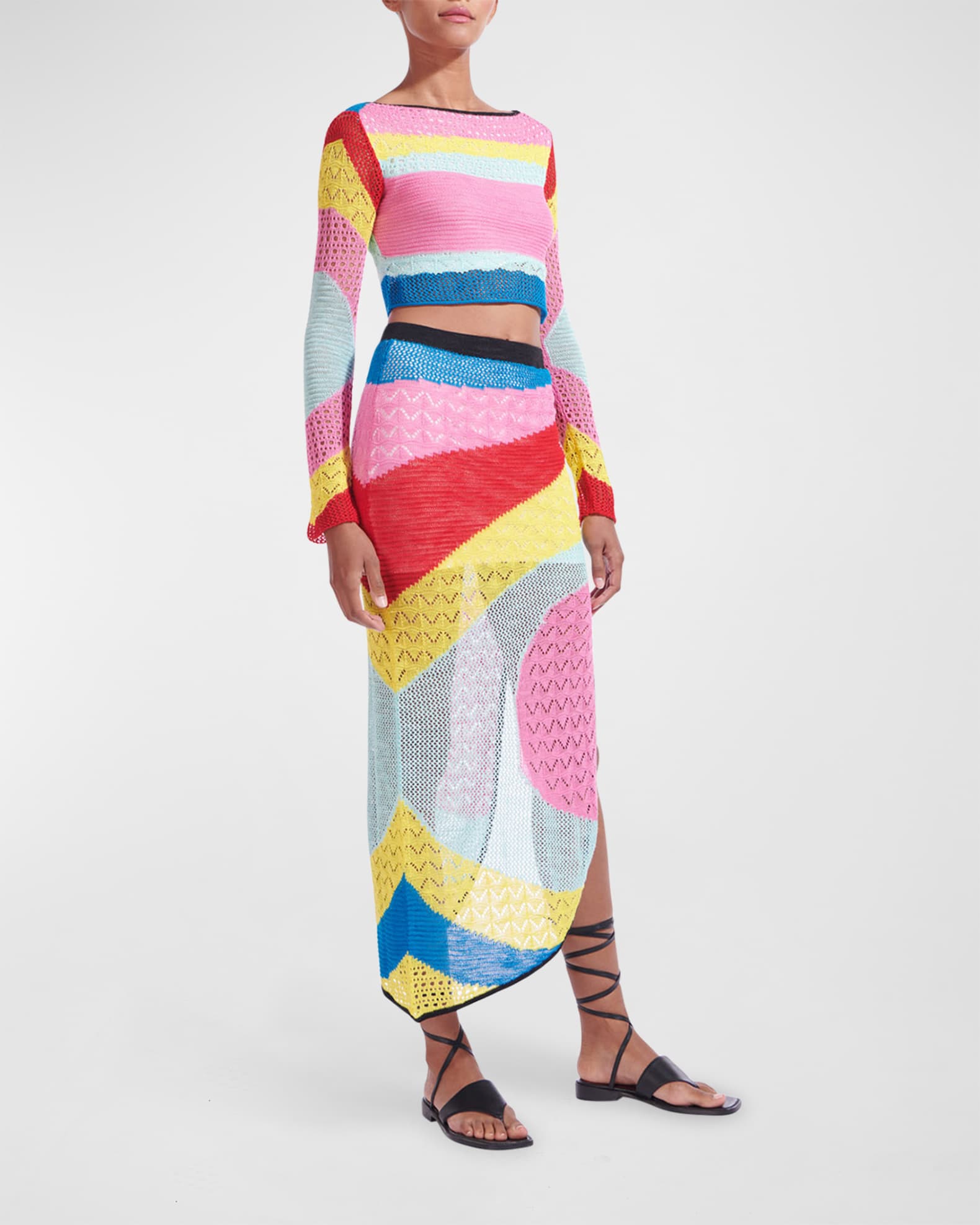 Staud Centre Rainbow Crochet Asymmetric Midi Skirt | Neiman Marcus