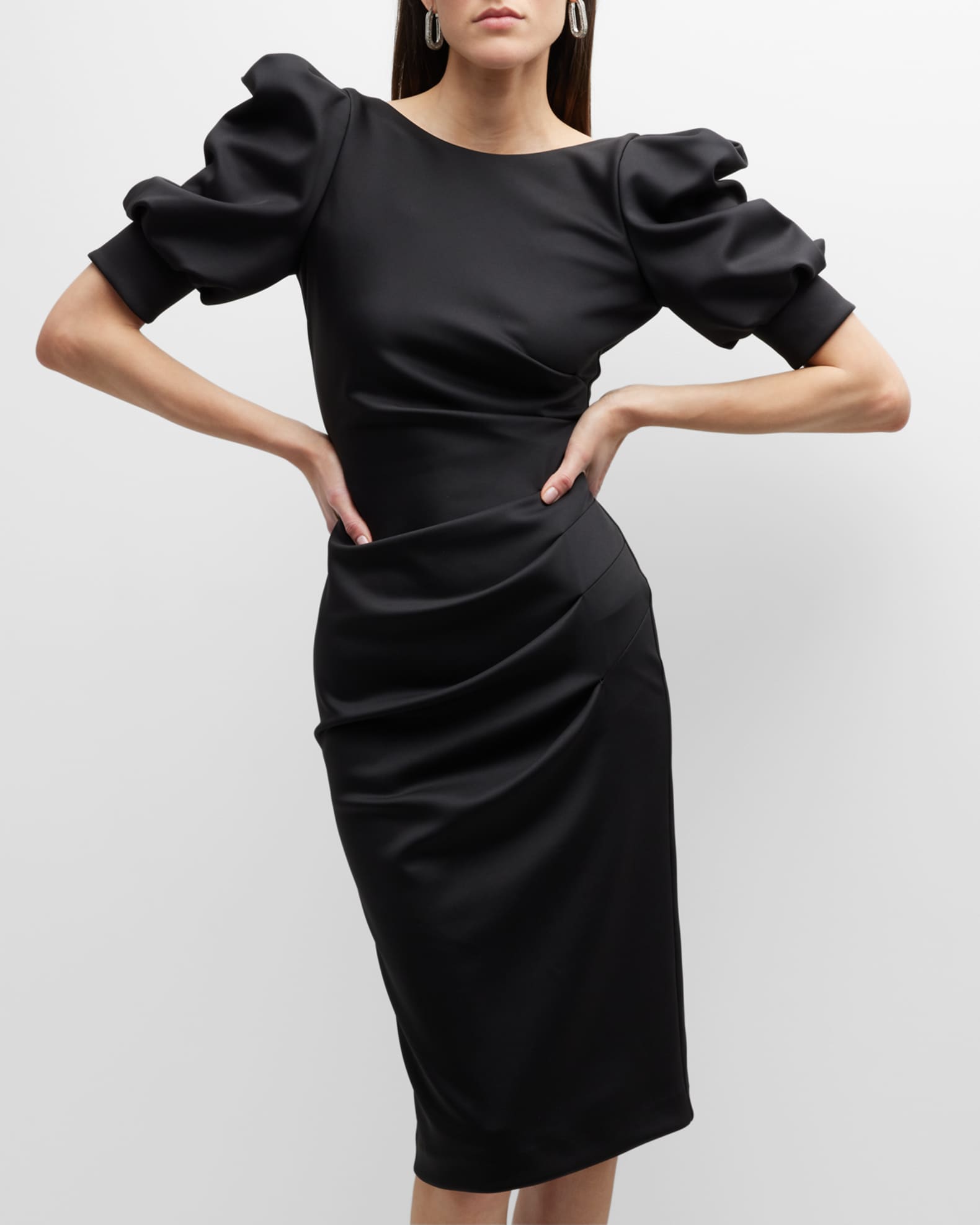 Black Halo Zella Ruched Puff-Sleeve Sheath Dress | Neiman Marcus