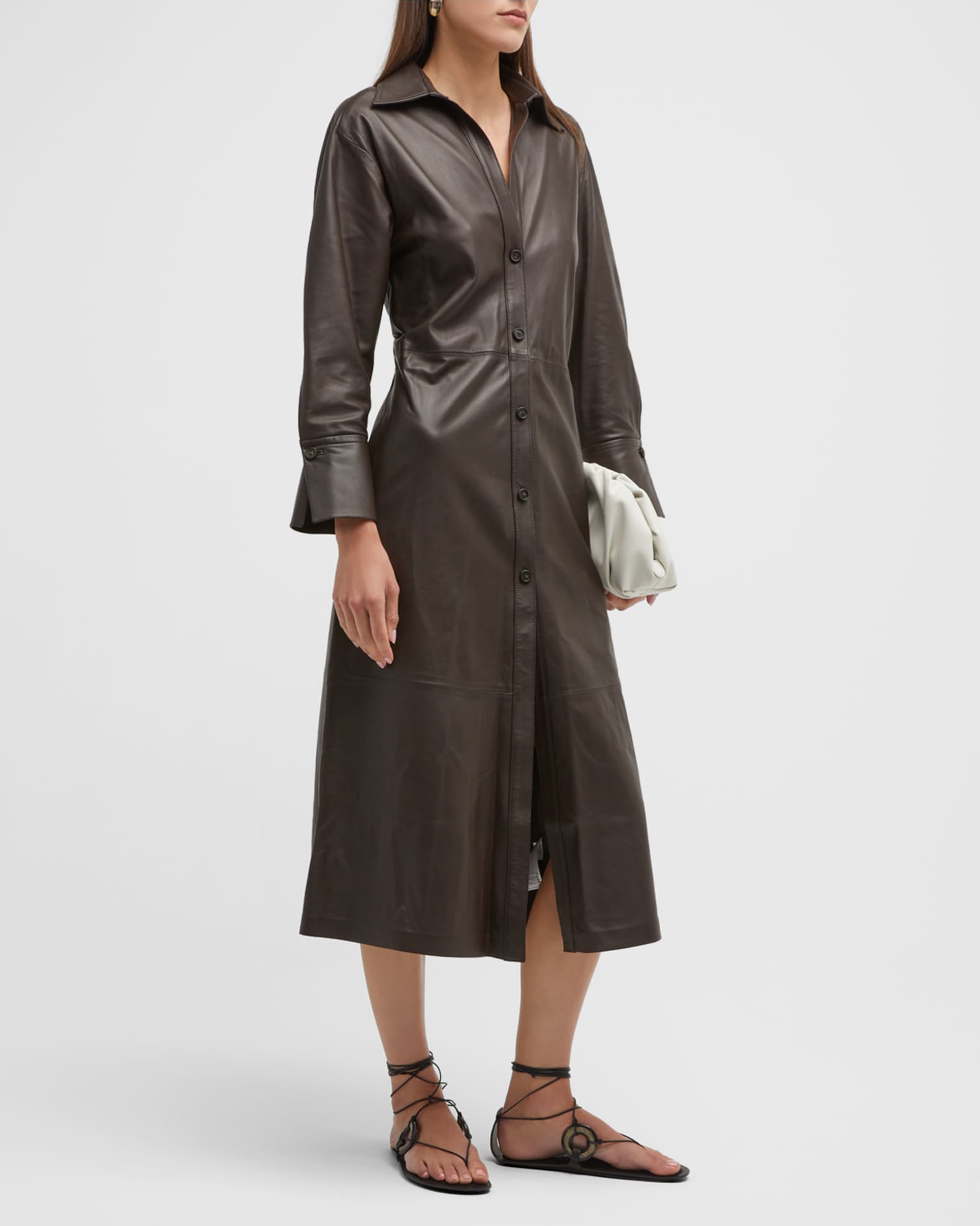Vince Button-Front Leather Midi Shirtdress | Neiman Marcus