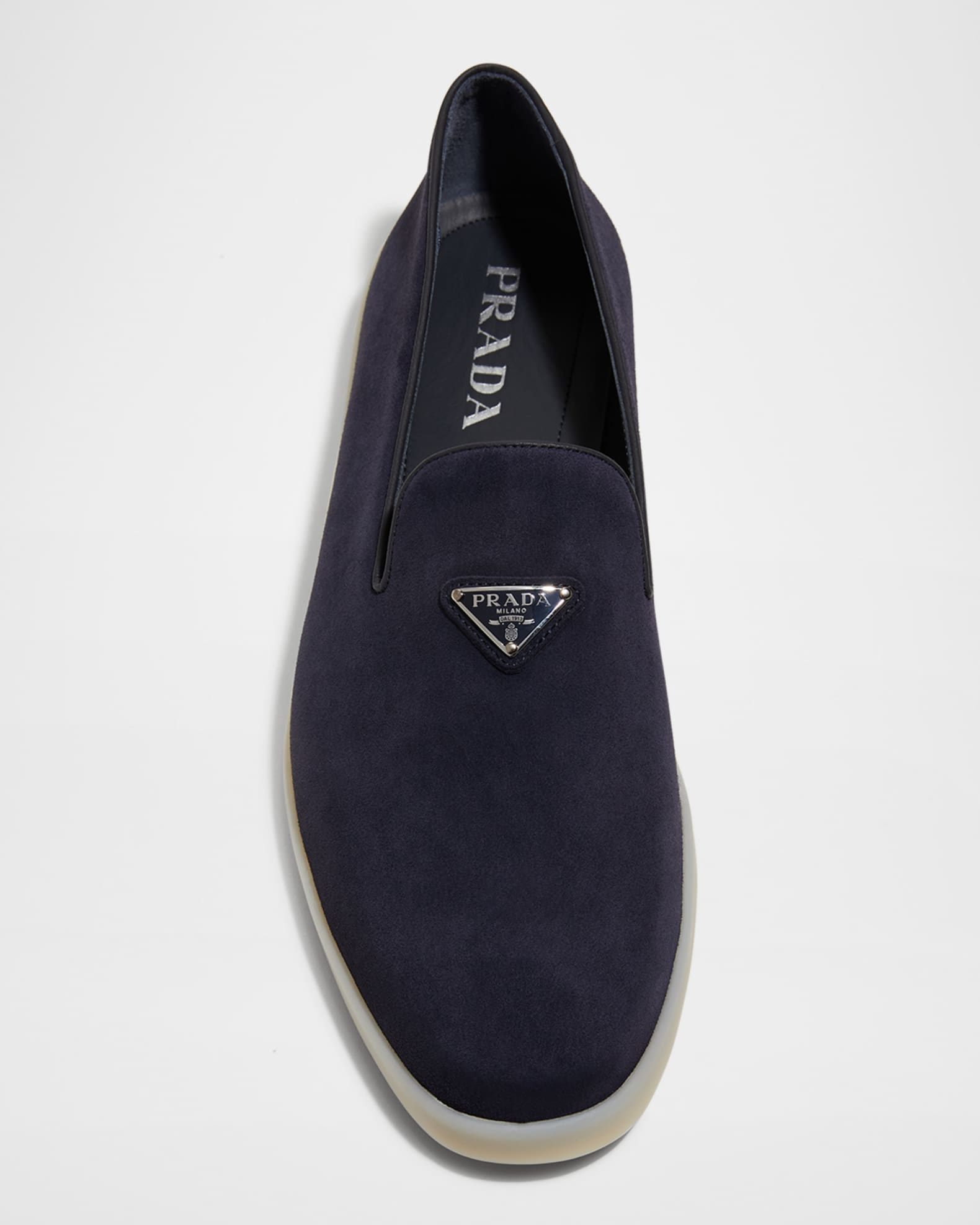 【関税＆送料込み】Prada Enamel Triangle-Logo Suede Loafers Prada Enamel-triangle-logo Suede Loafers | Prada Man