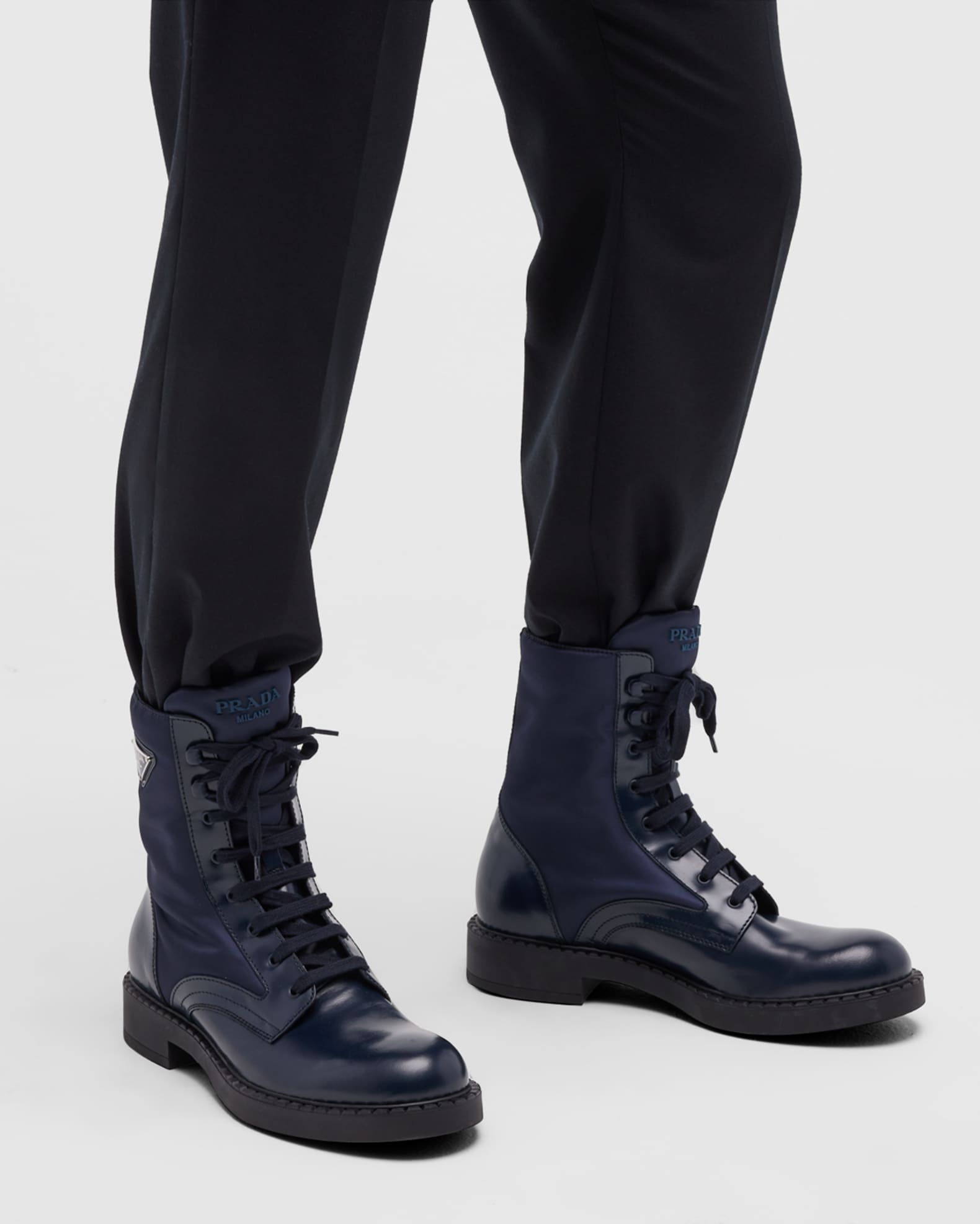 Prada Men's Nylon & Leather Triangle Logo Combat Boots Neiman Marcus