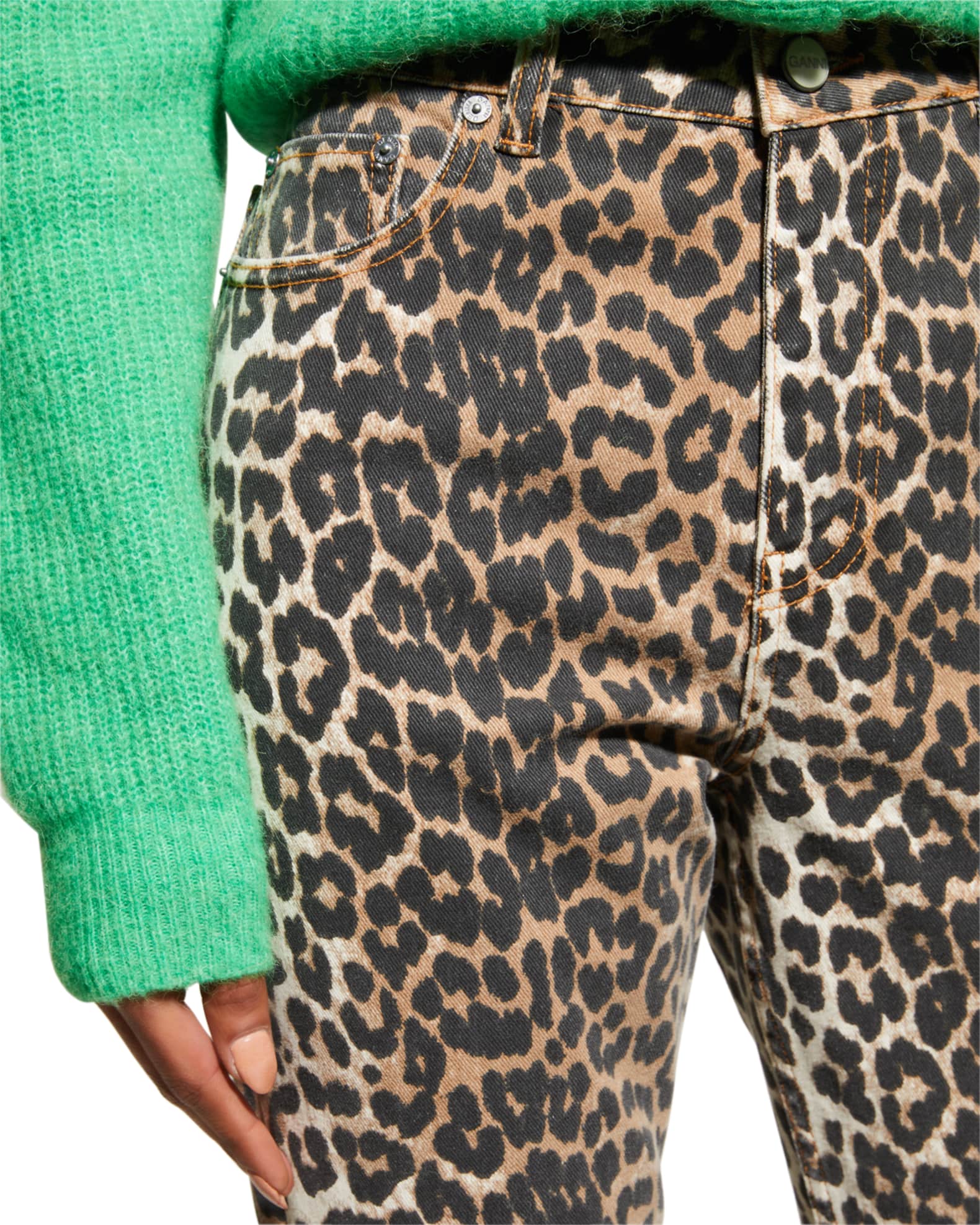 Ganni Betzy Leopard Cropped Bootcut Jeans | Neiman Marcus