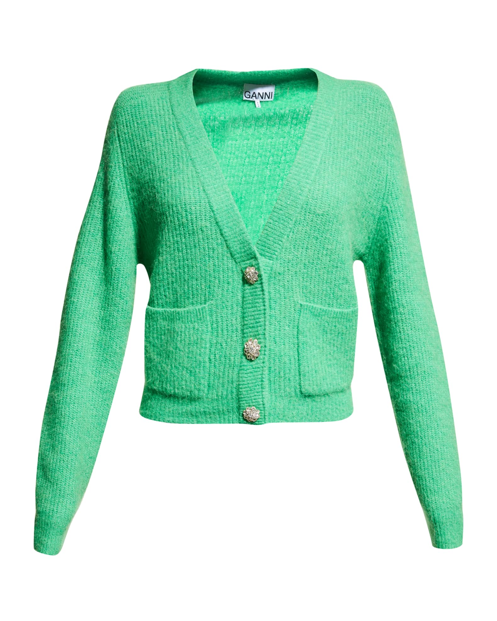 Ganni Wool Crystal Button-Front Sweater | Neiman Marcus