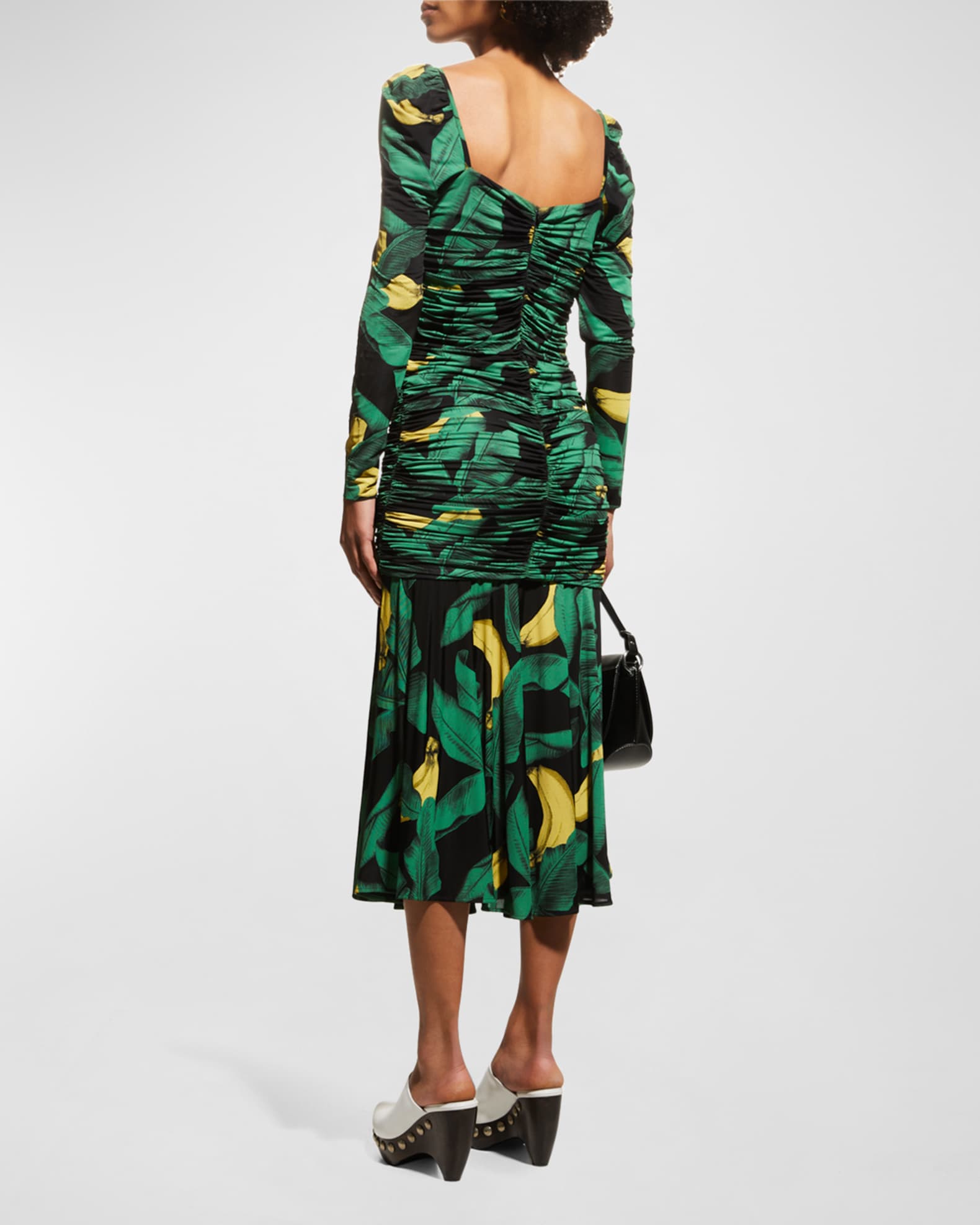 Ganni Tropical Ruched A-Line Midi Dress | Neiman Marcus