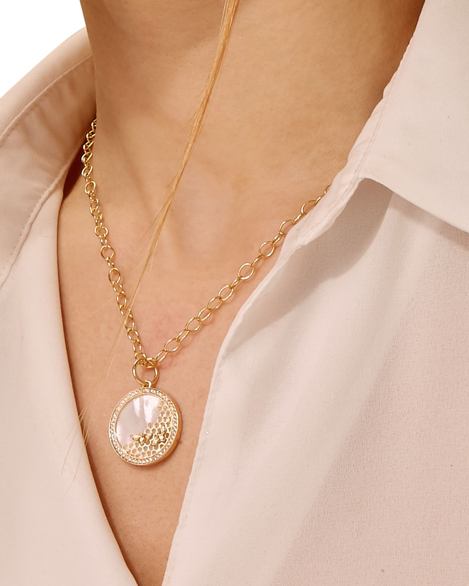 Syna MotherOfPearl & Diamond Bee Hive Pendant Necklace Neiman Marcus