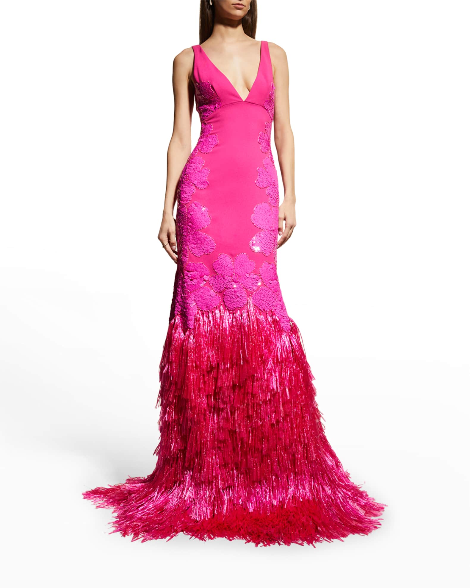 Naeem Khan Sequin Floral Fringe Crepe Gown Neiman Marcus