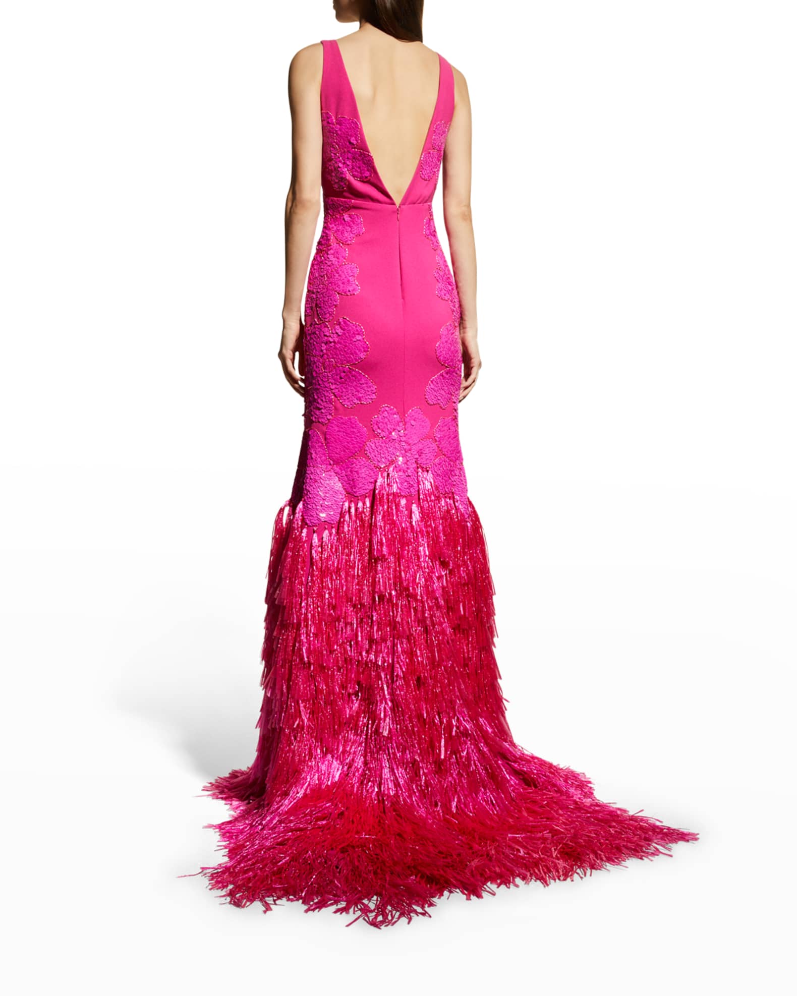 Naeem Khan Sequin Floral Fringe Crepe Gown Neiman Marcus