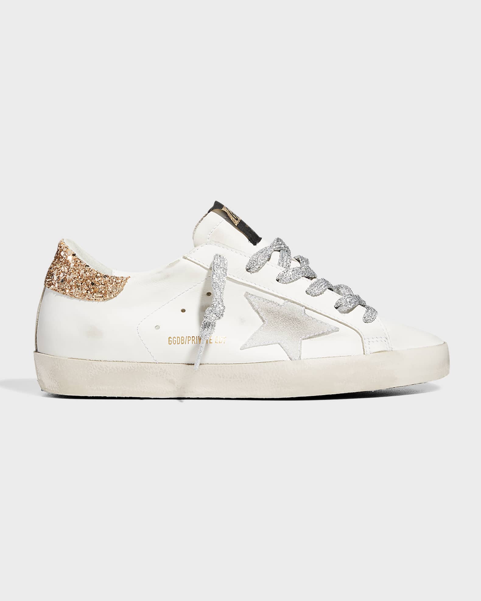 White Golden Goose Super-Star Sneakers with gold glitter
