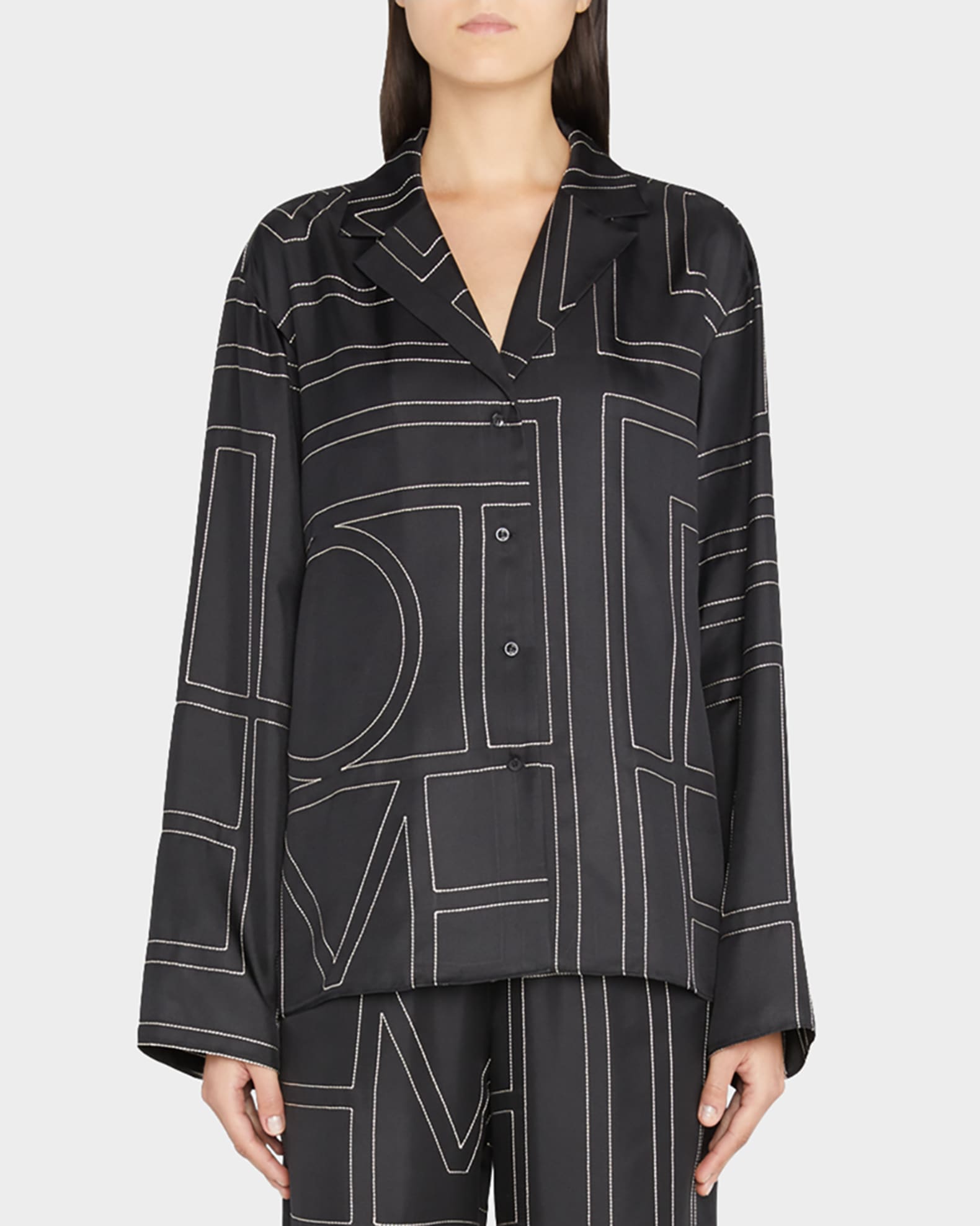 Monogram-Embroidered Silk Pajama Top 1