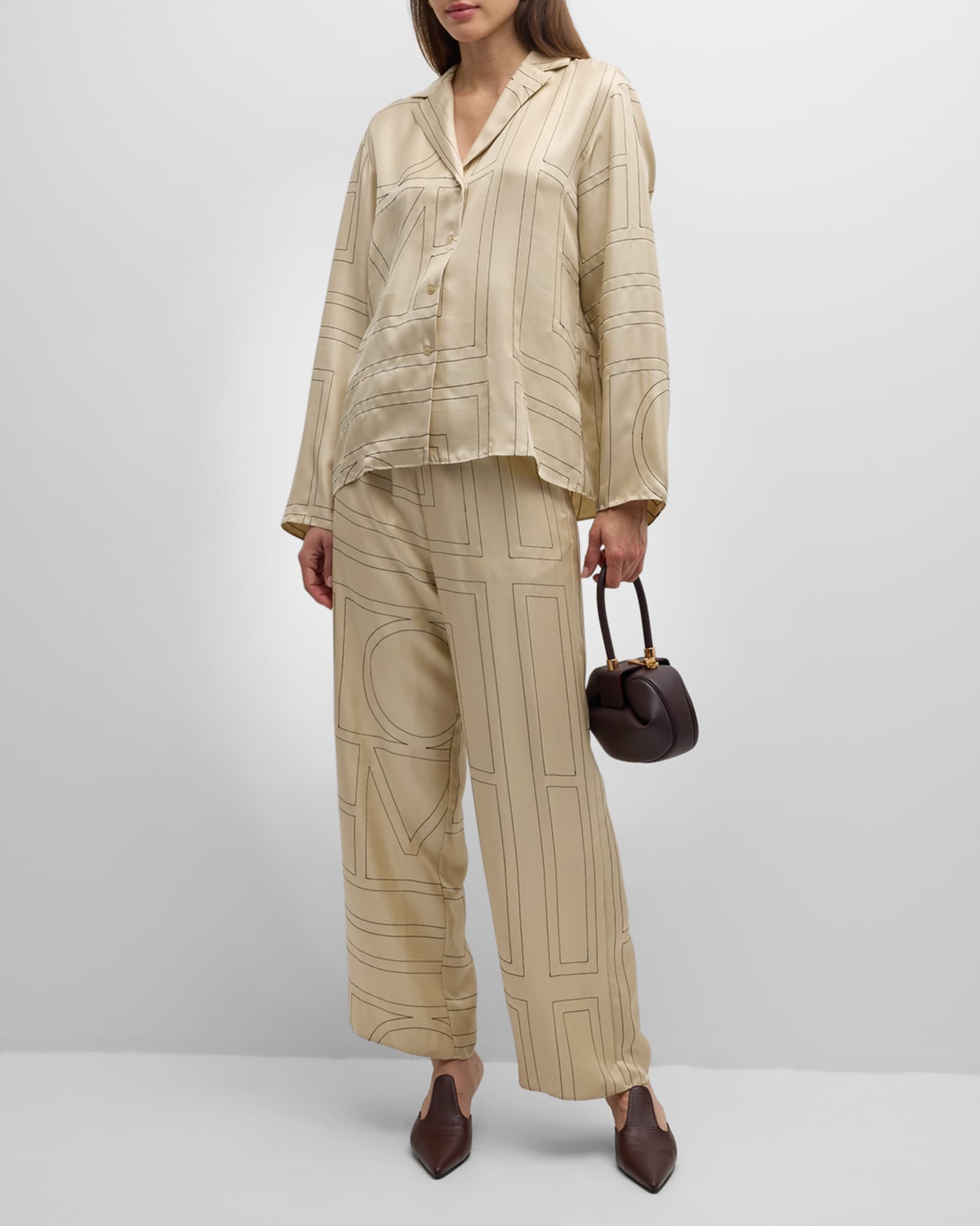 Monogram-Embroidered Silk Pajama Top 1