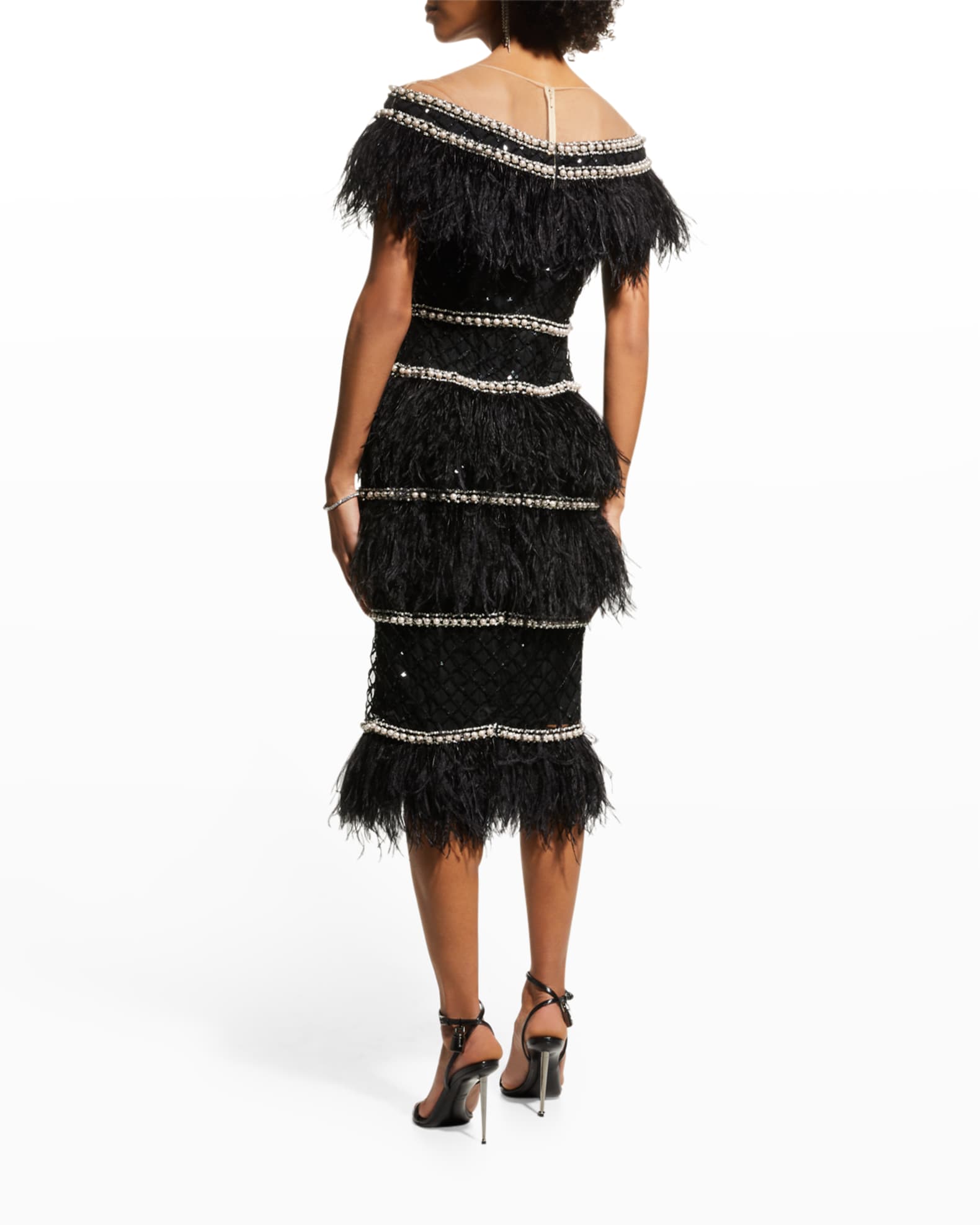 Pamella Roland Beaded Off-The-Shoulder Illusion Midi Dress w/ Feather ...