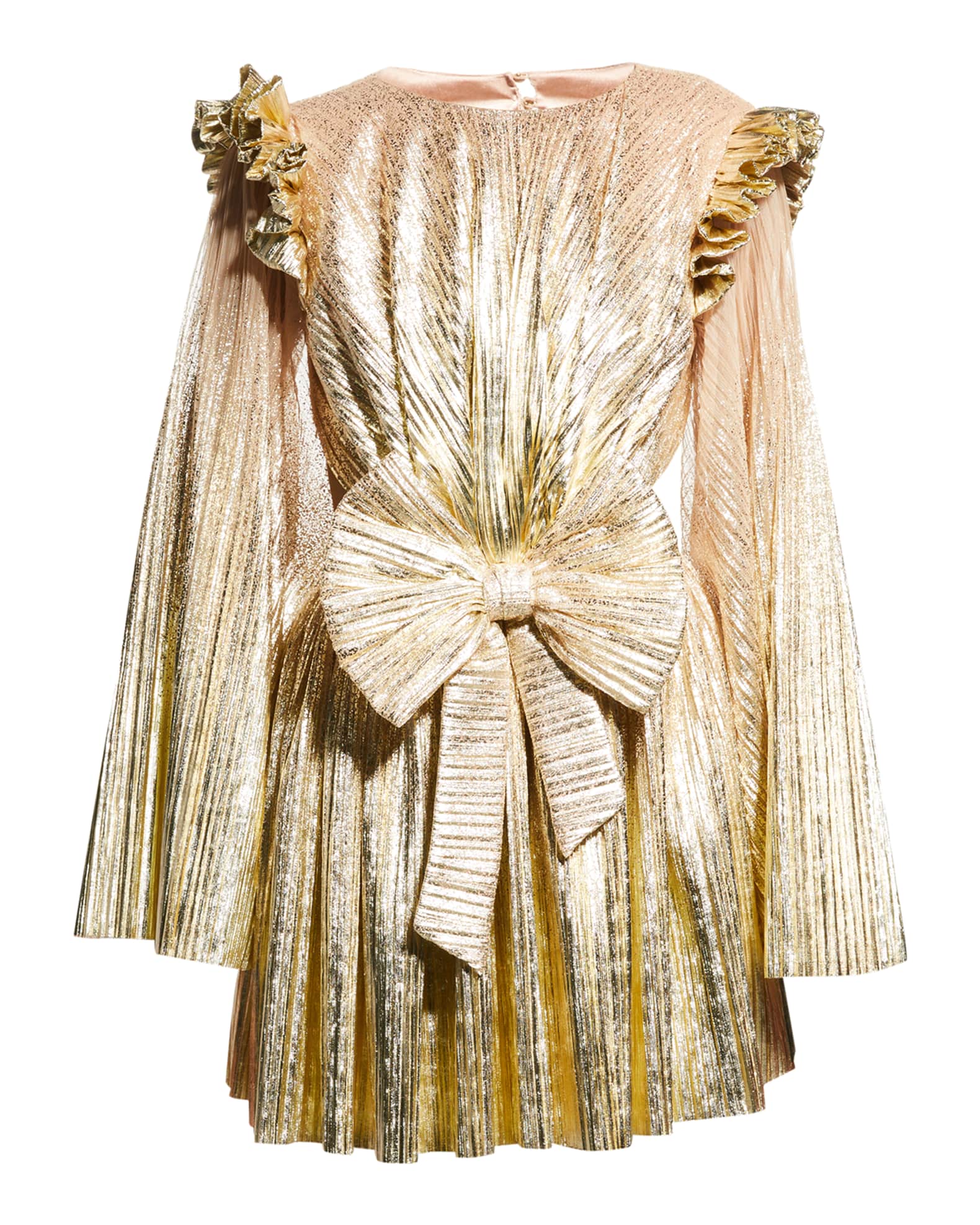 RAISAVANESSA Ruffle-Shoulder Bow-Front Metallic Plisse Mini Dress ...