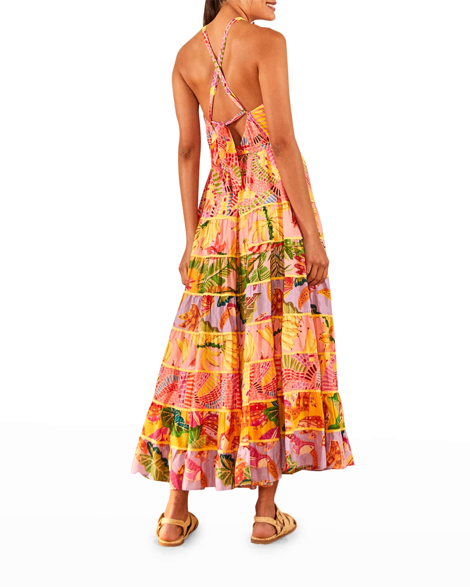 Farm Rio Mixed-Print Tiered Halter Maxi Dress | Neiman Marcus