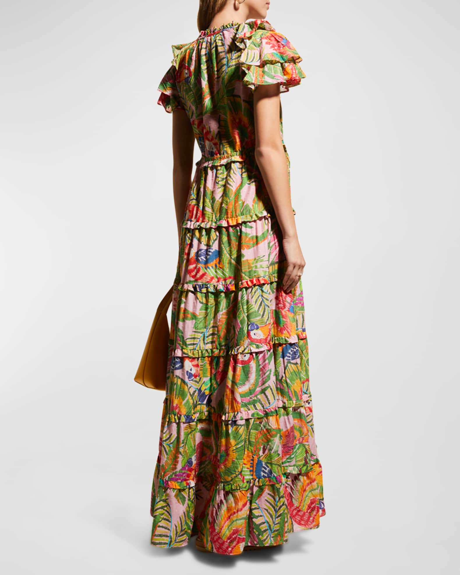 Farm Rio Macaw Leaves Flutter-Sleeve Tiered Maxi Dress | Neiman Marcus
