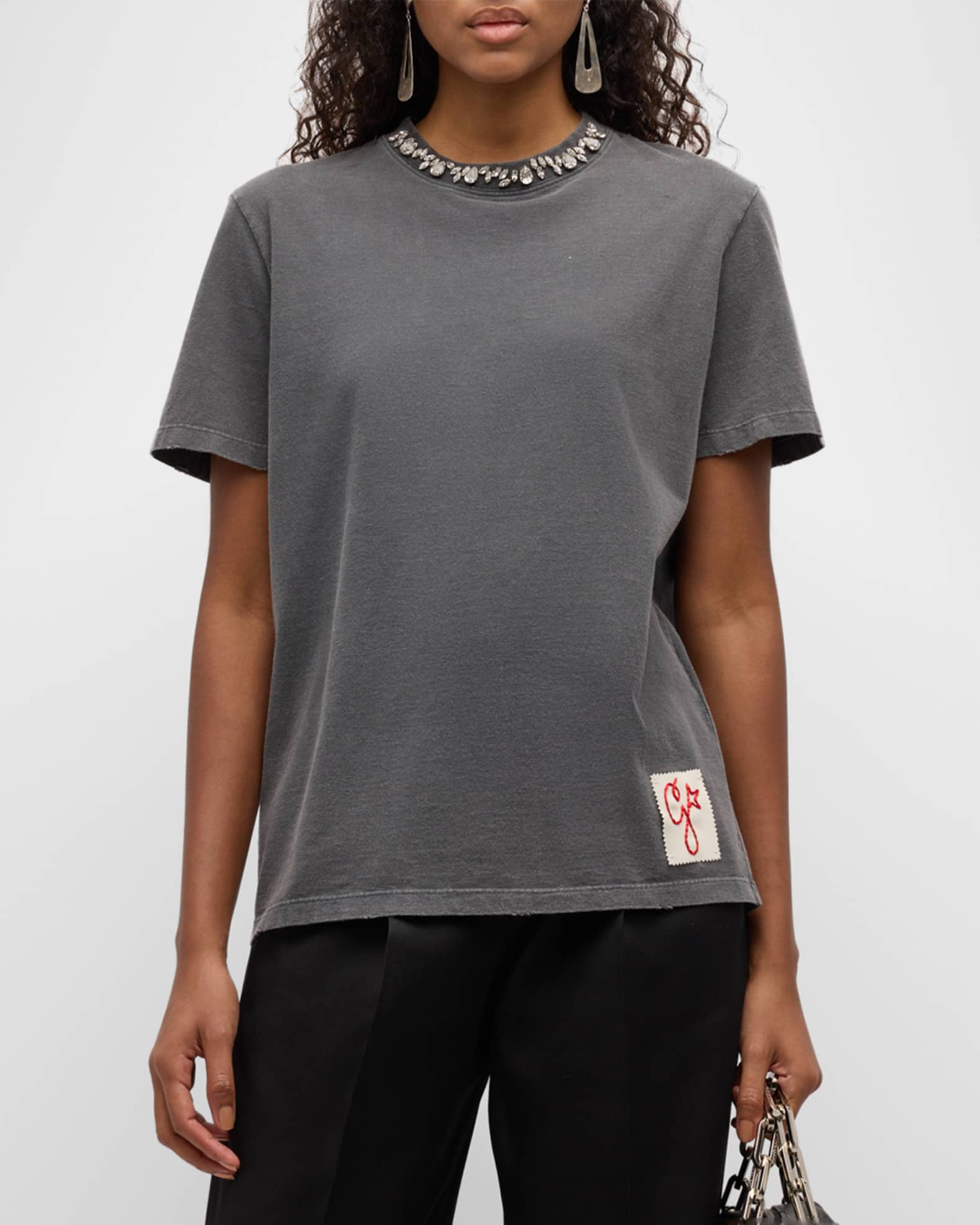 Golden Goose Distressed Crystal Embroidered Crewneck Tee