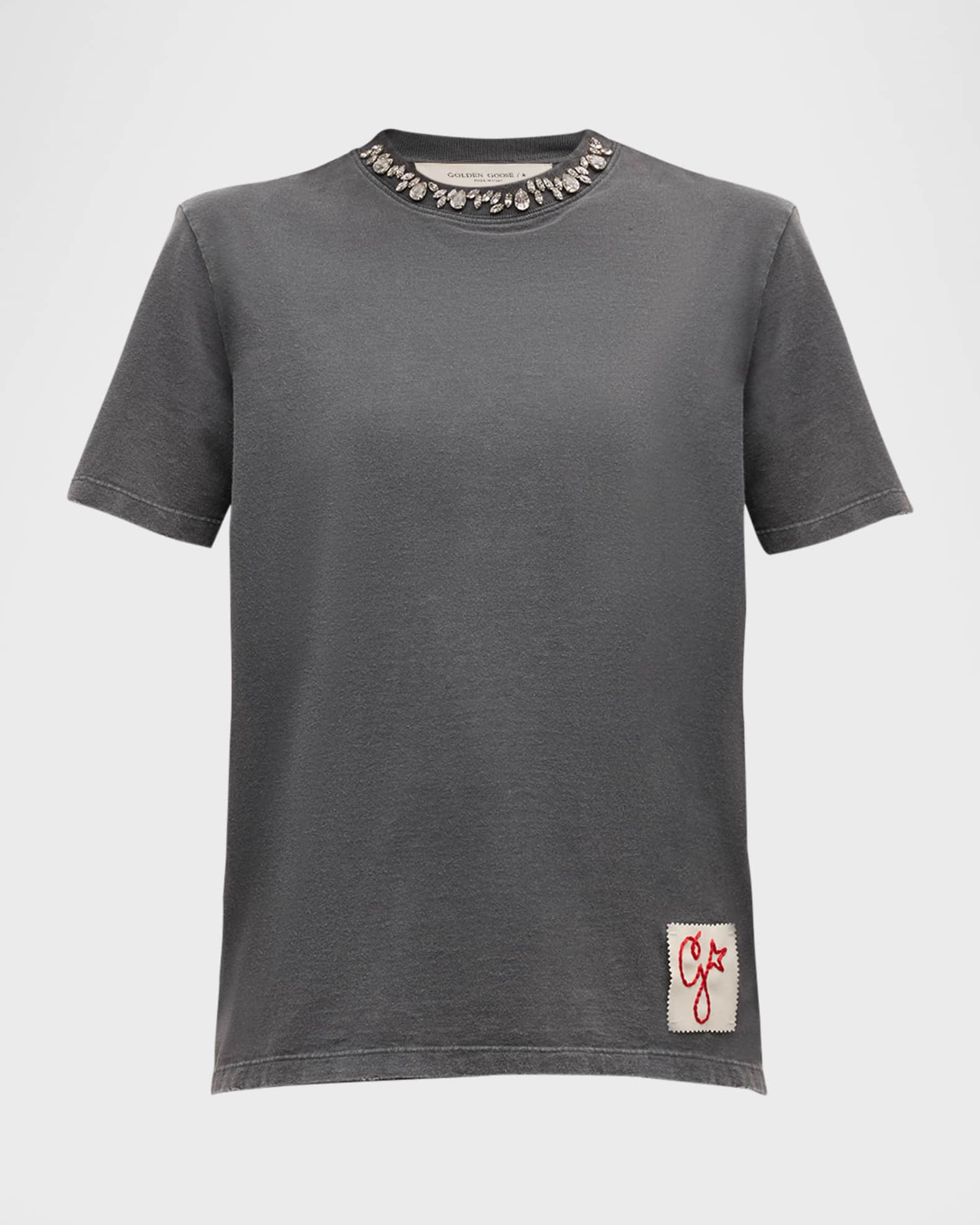 Distressed Crystal Embroidered Crewneck Tee 0