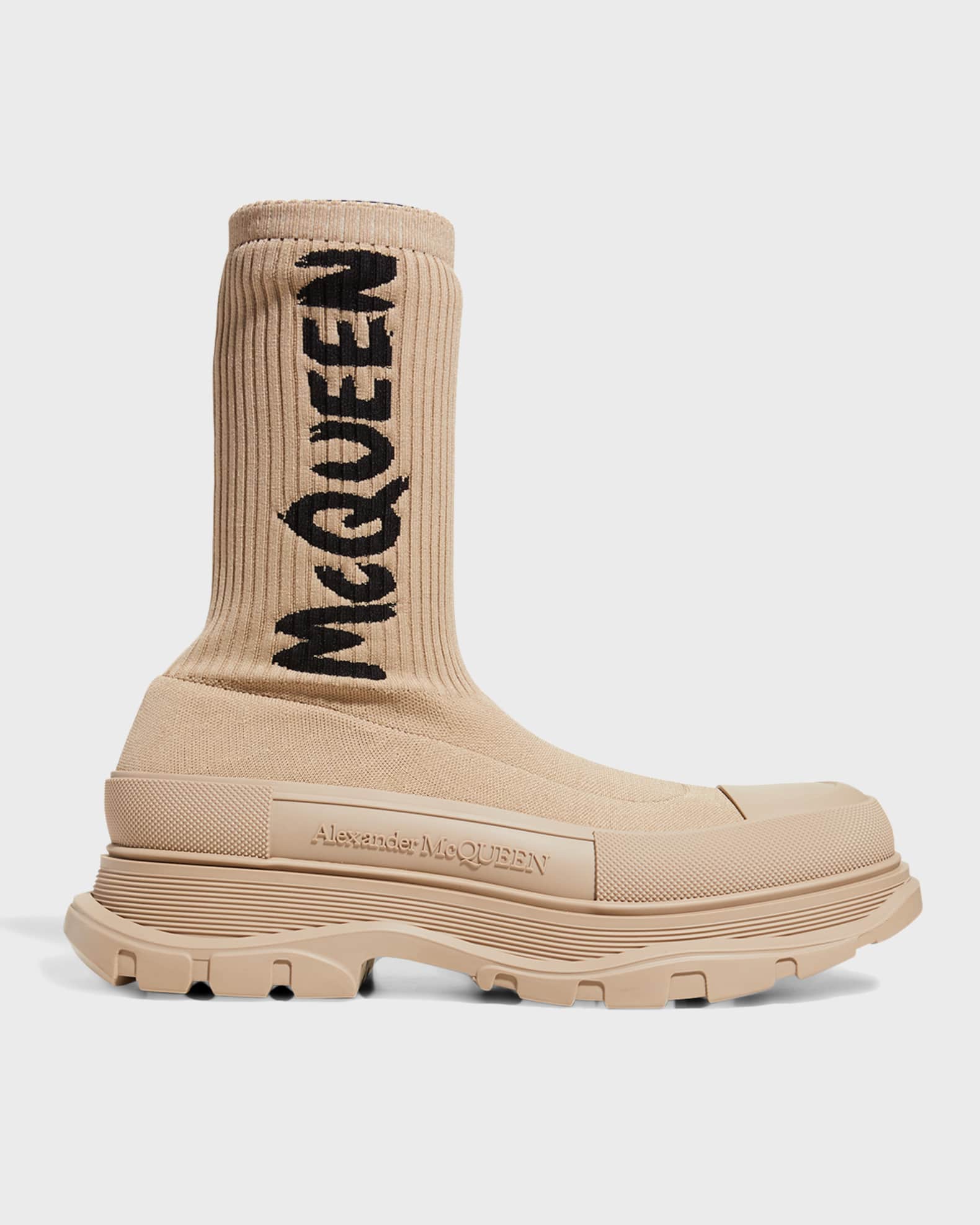 Alexander McQueen Men's Logo Graffiti Knit Tread Slick Boots Neiman
