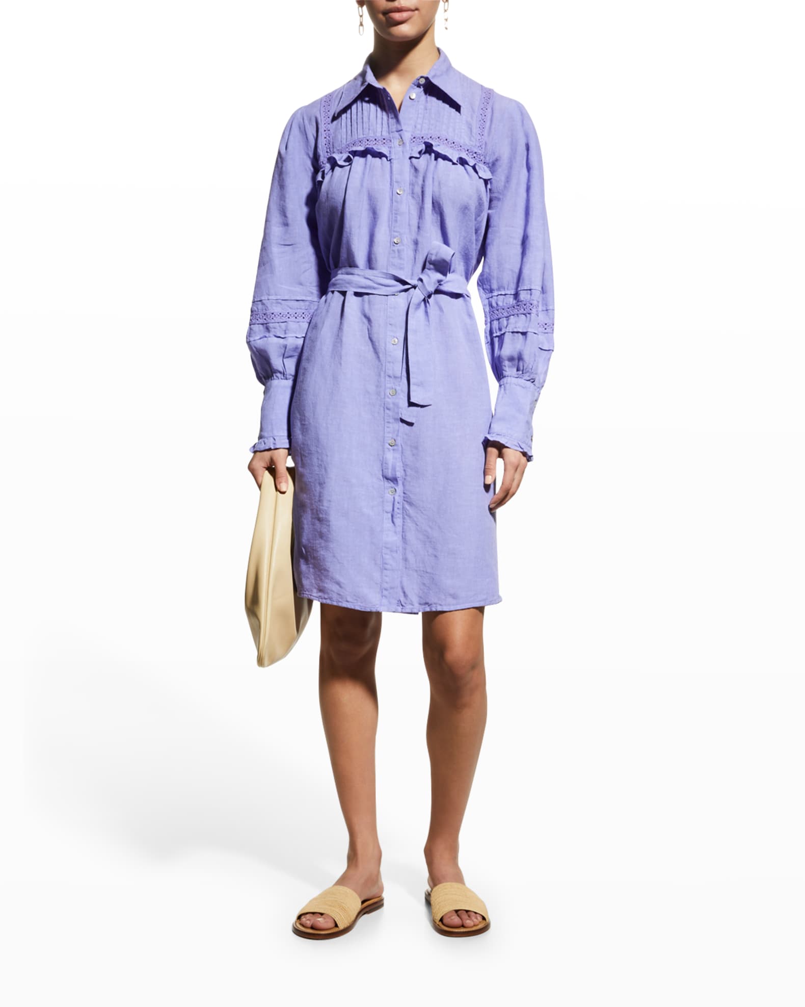 120% Lino Pintuck Ruffle-Trim Linen Shirtdress | Neiman Marcus
