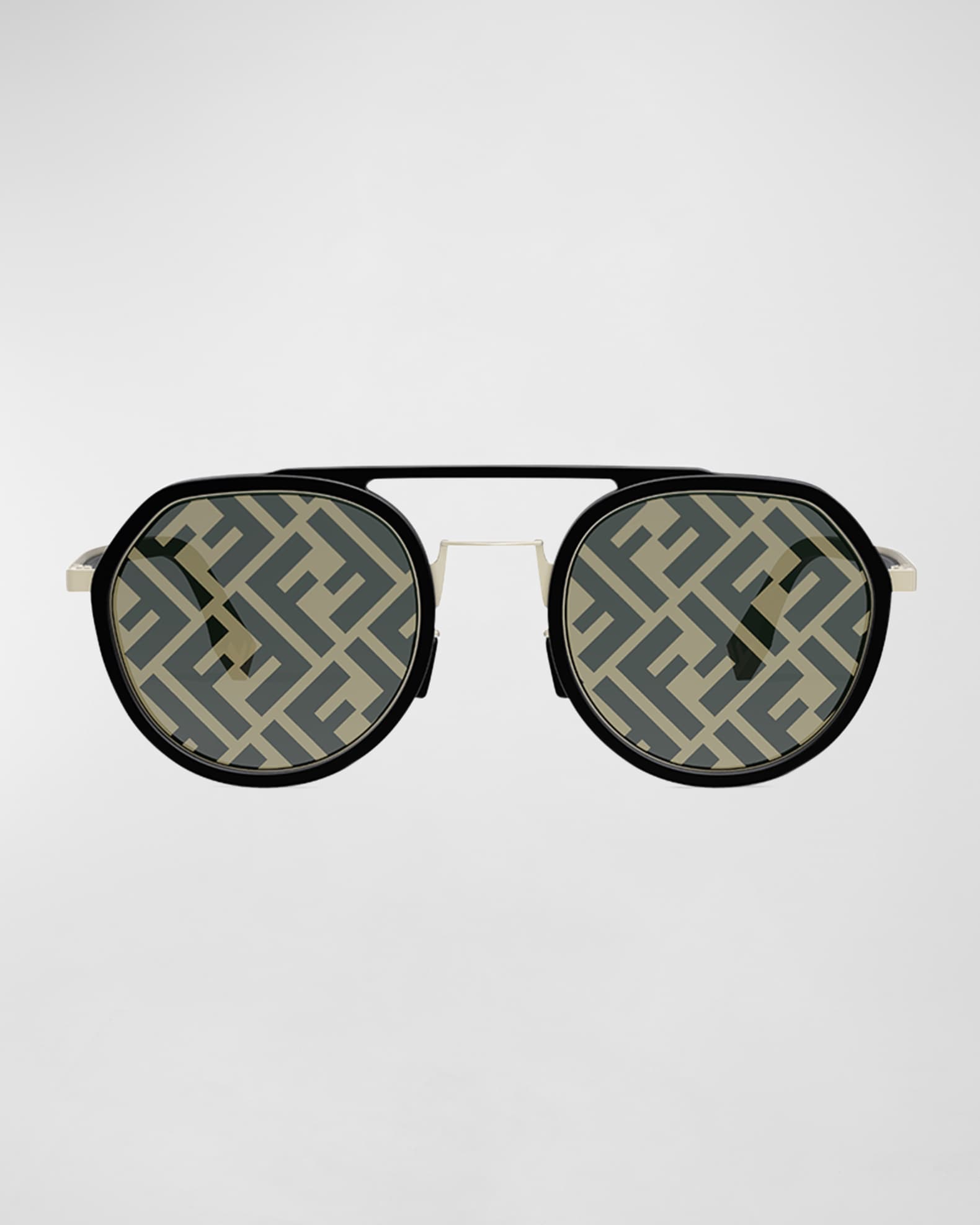 Fendi Men's FF-Monogram Lens Double-Bridge Round Sunglasses | Neiman Marcus