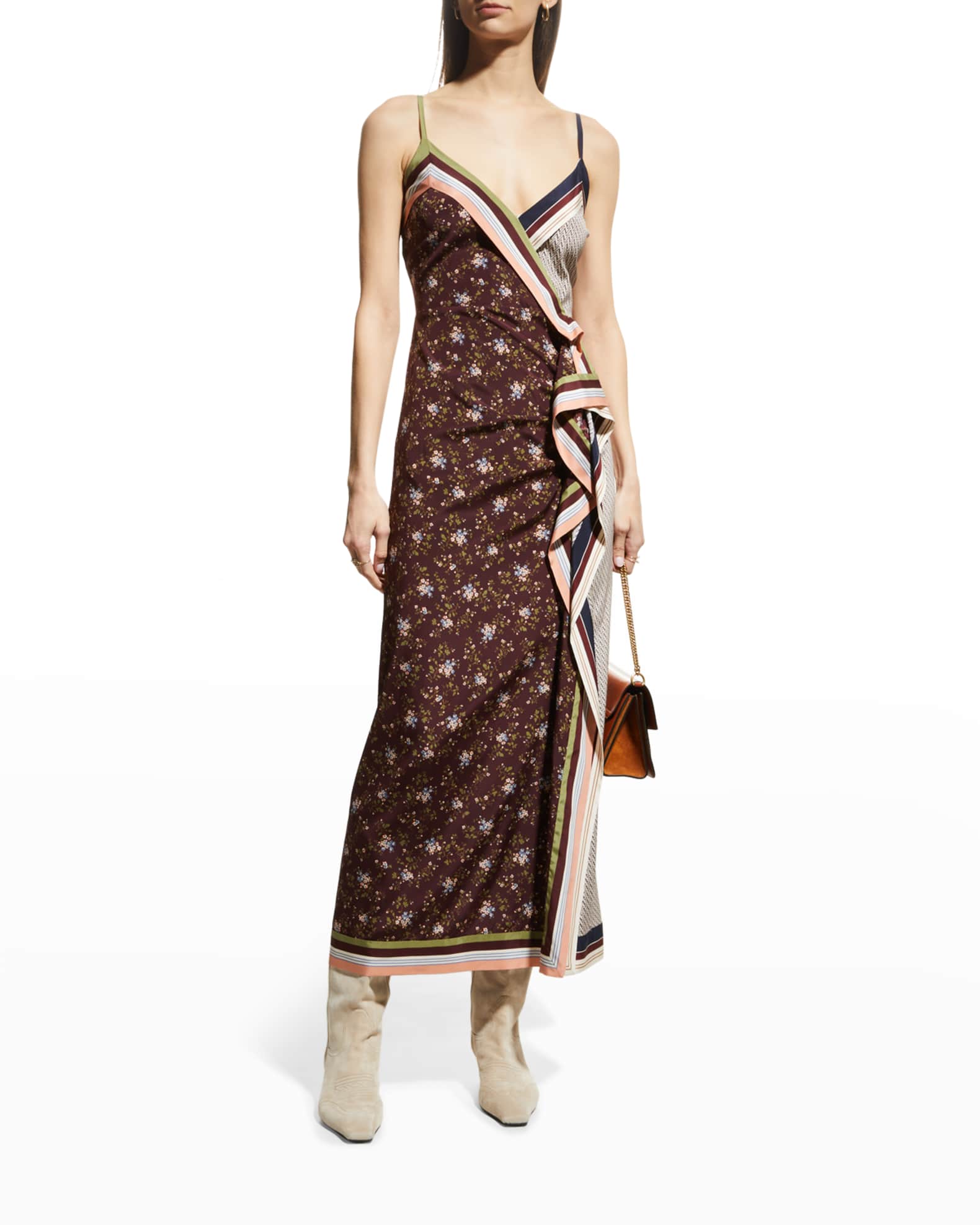 Veronica Beard Marga Multi-Printed Ruffled Midi Dress | Neiman Marcus