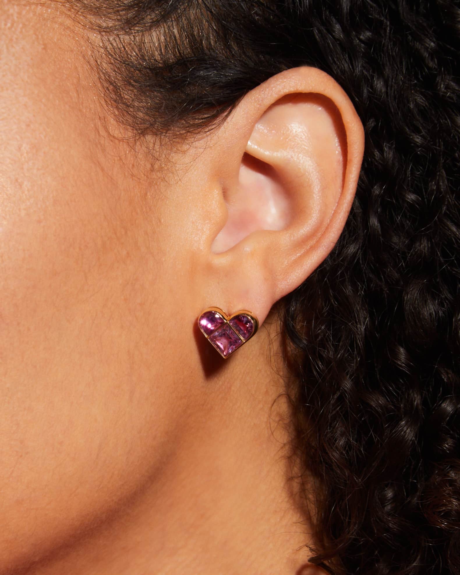 Estate Yellow Gold Pink Sapphire Heart Stud Earrings 1