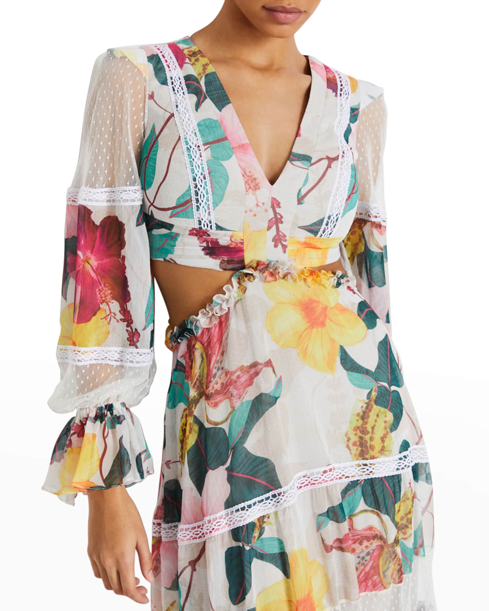 PatBO Hibiscus Lace-Trim Tiered Cutout Maxi Dress | Neiman Marcus