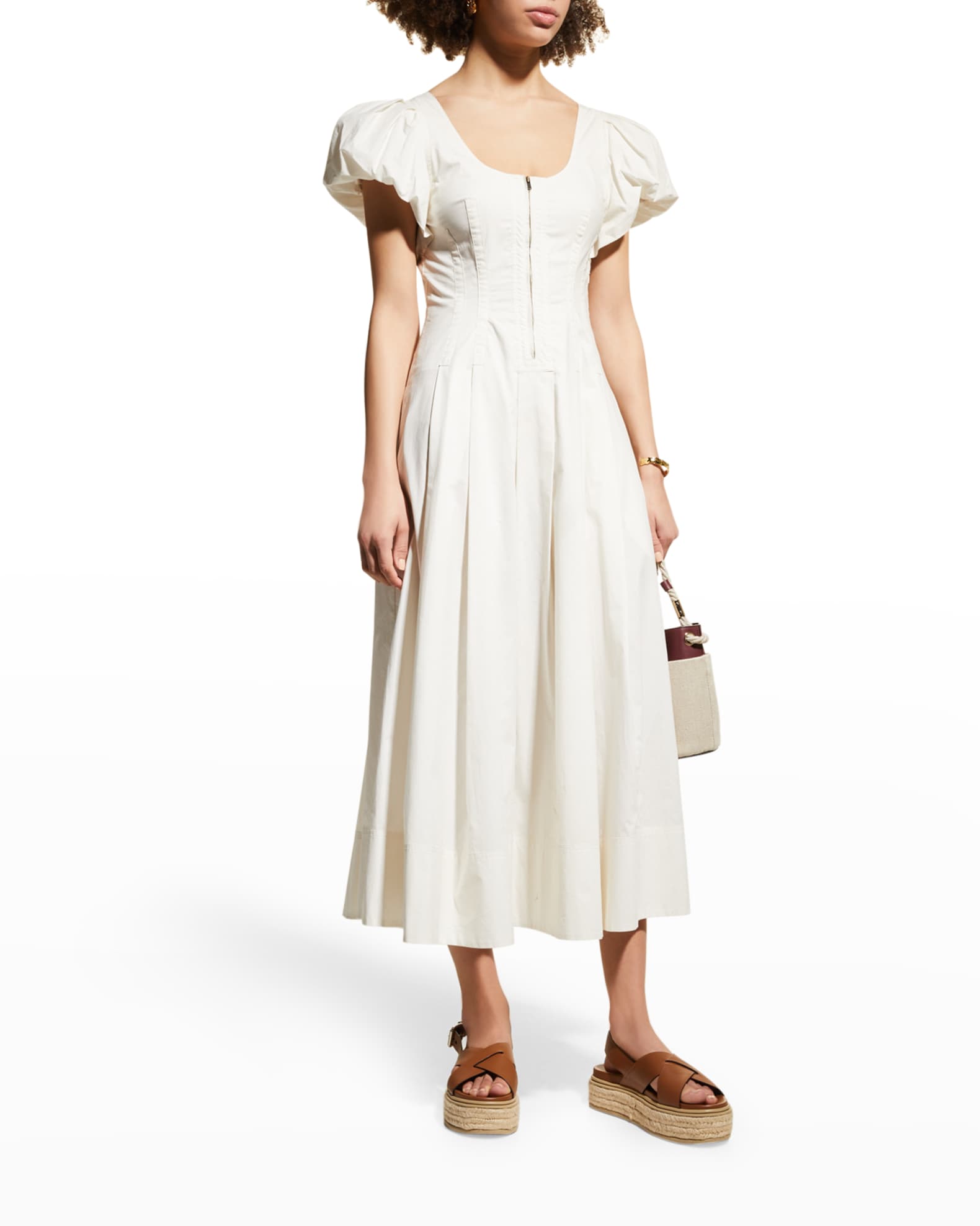 Ulla Johnson Malie Bell-Sleeve Poplin Midi Dress | Neiman Marcus