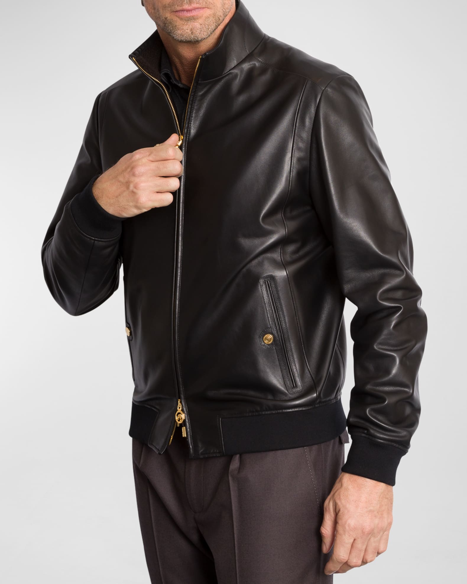 Stefano Ricci Men's Leather Bomber Jacket Black