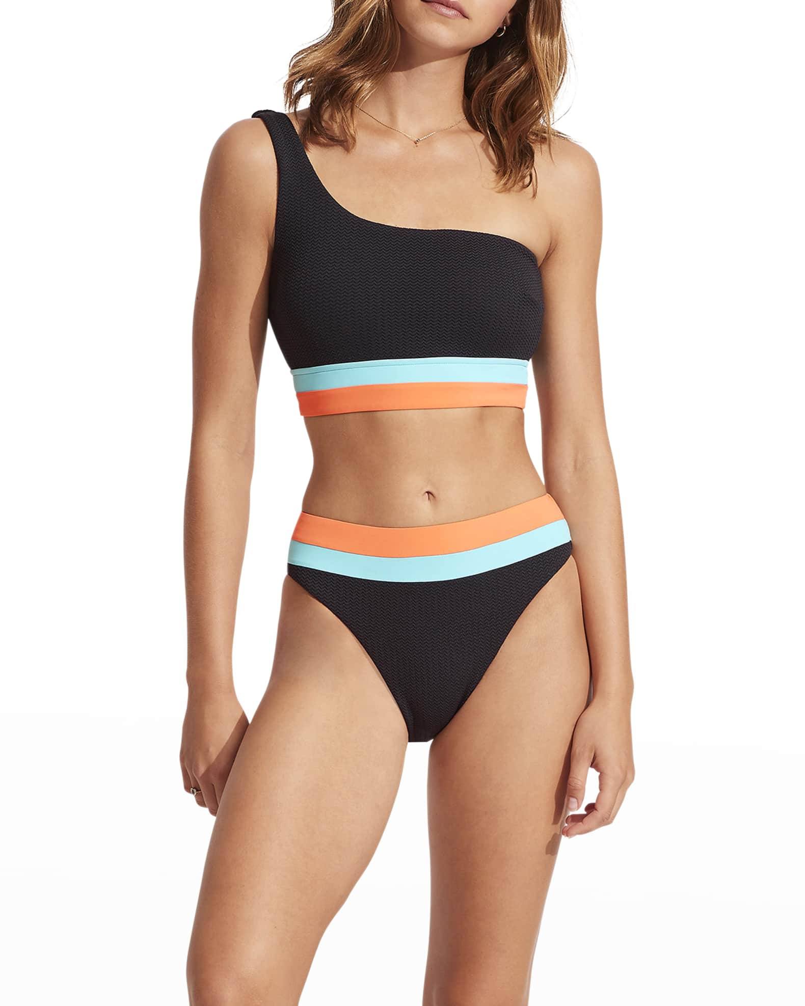 Seafolly Spliced Textured One Shoulder Bikini Top Neiman Marcus