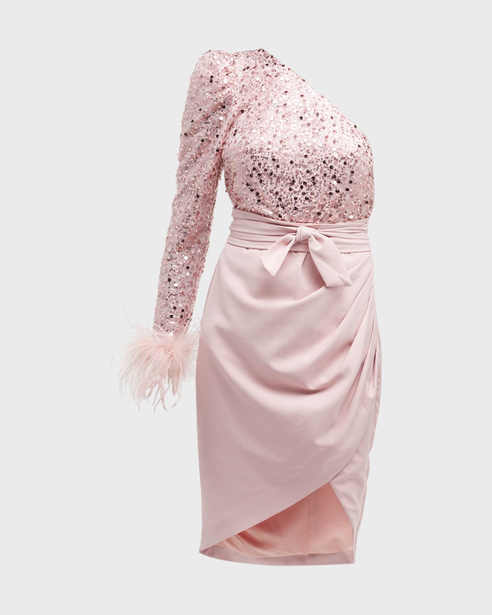 Lavish Alice One-Shoulder Sequin Feather-Trim Dress | Neiman Marcus