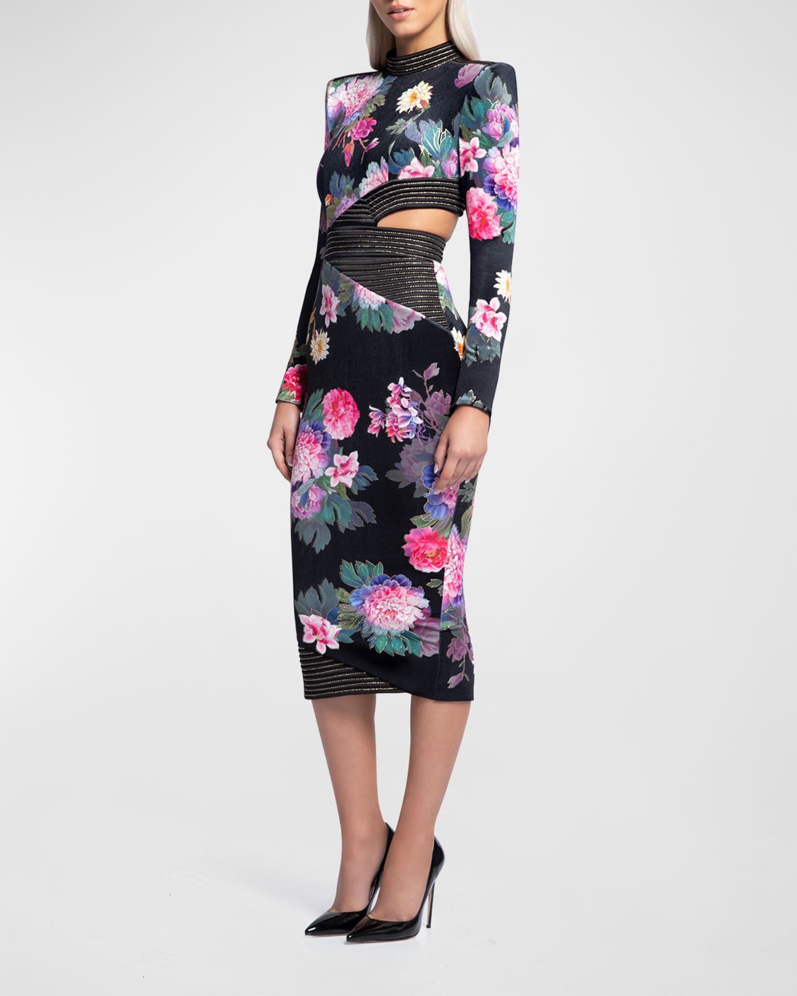 ZHIVAGO Message to Love Cutout Floral Velvet Midi Dress Neiman Marcus