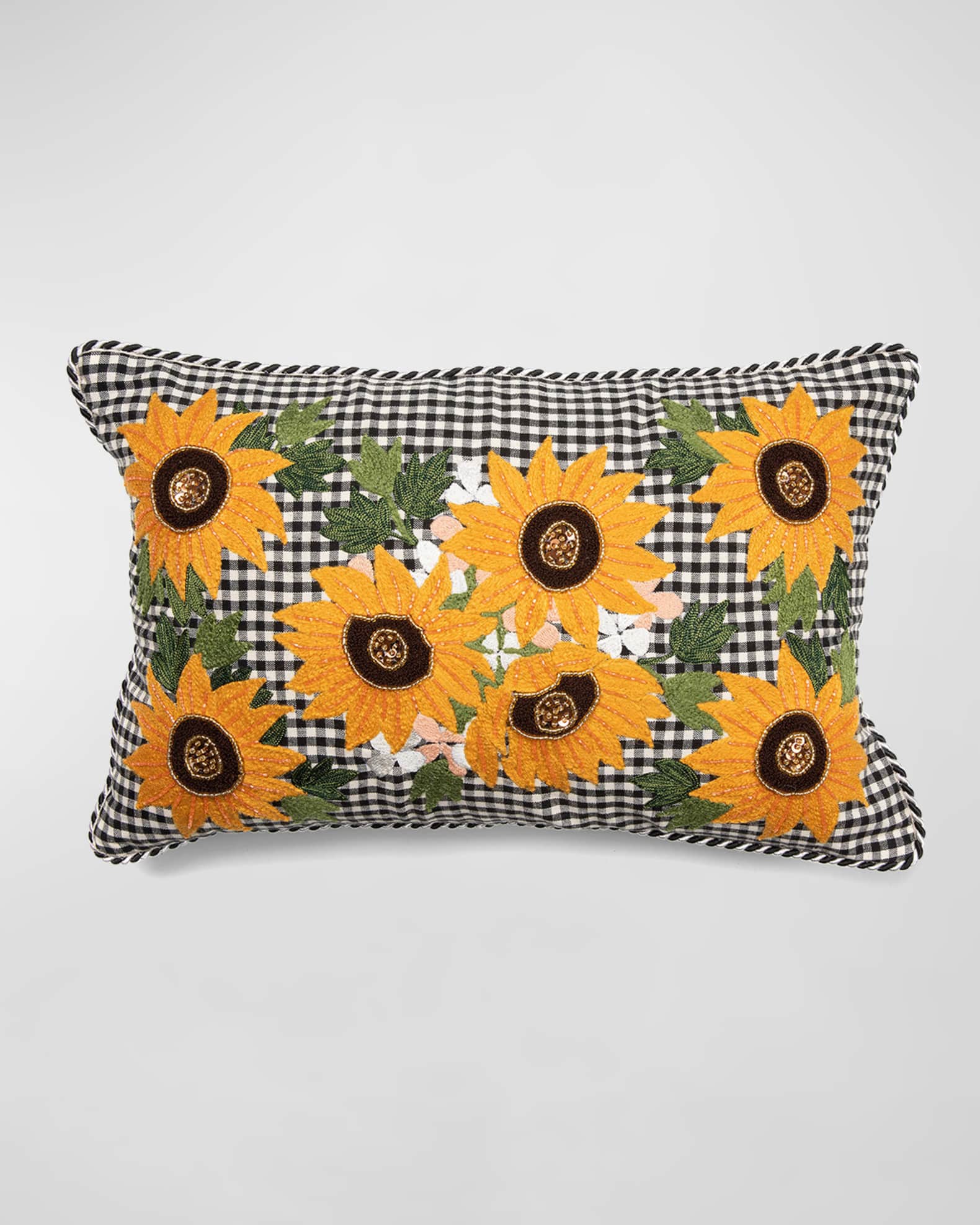 MacKenzieChilds Gingham Sunflower Lumbar Pillow, 22" x 14" Neiman Marcus