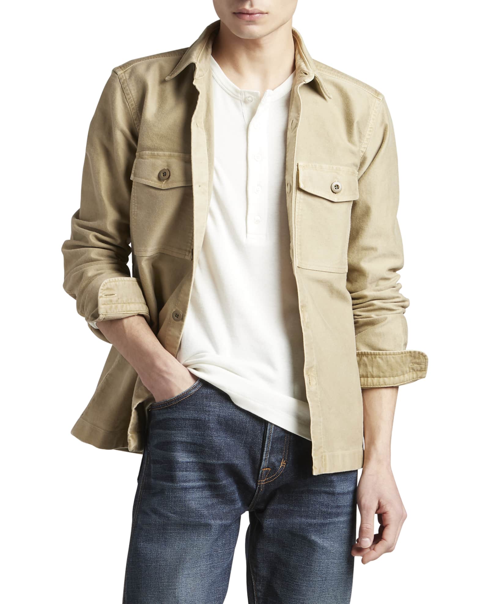 Tom Ford Men's Tonal Button Overshirt, Medium Beige Sld, Men's, 15.5, Shirts Tops Overshirts \u0026 Shirt Jackets