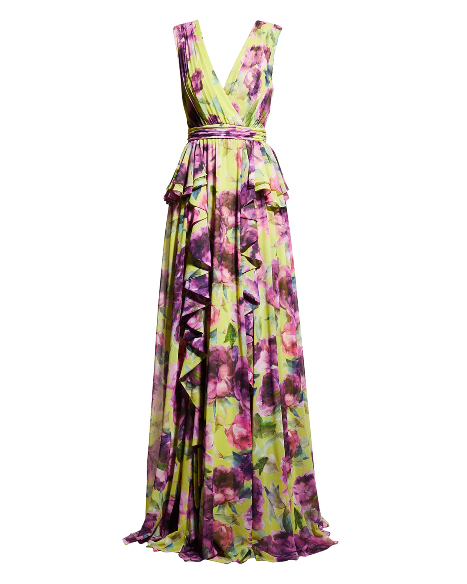 Badgley Mischka Collection Ruffled Floral-Print Gown | Neiman Marcus