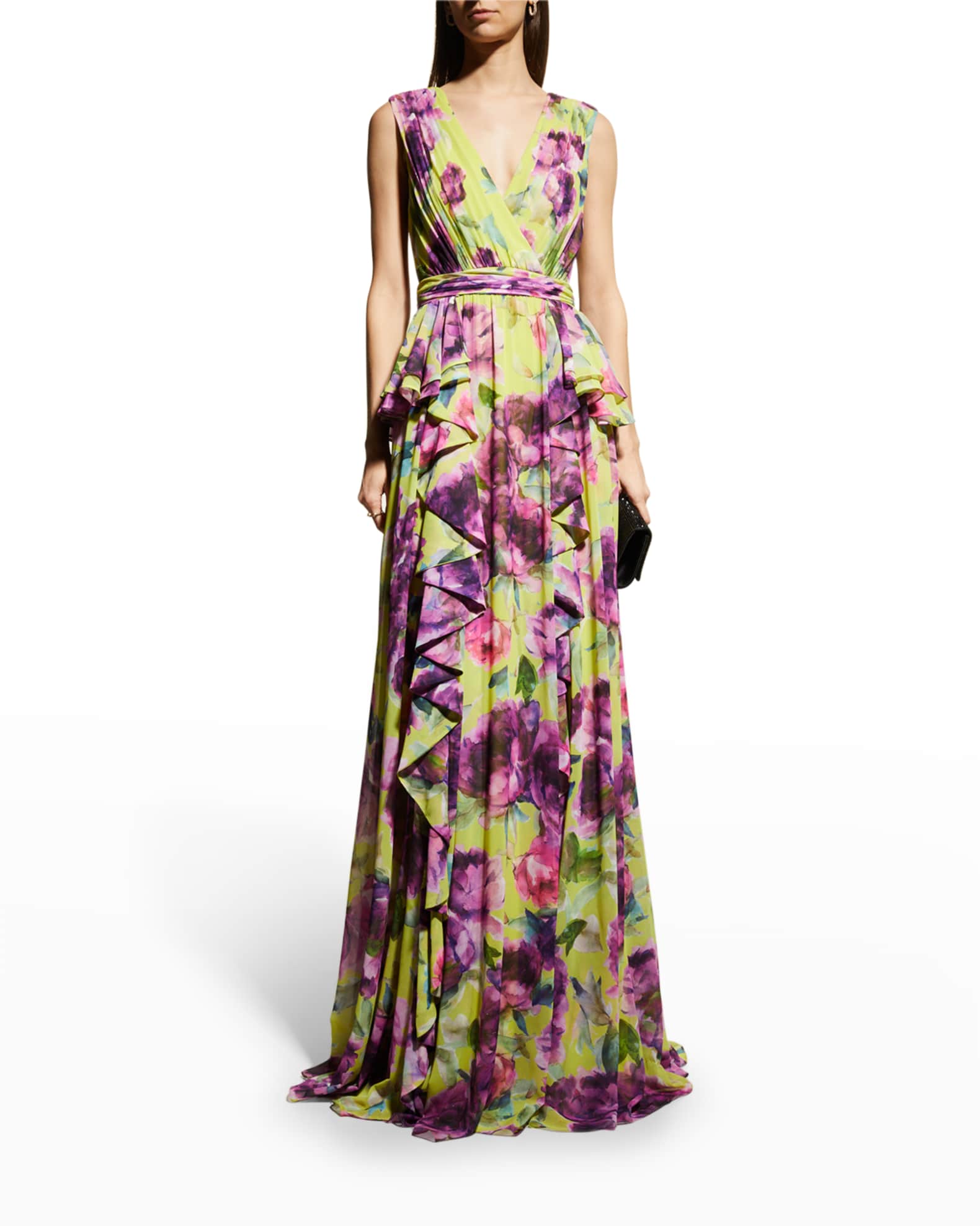 Badgley Mischka Collection Ruffled Floral-Print Gown | Neiman Marcus