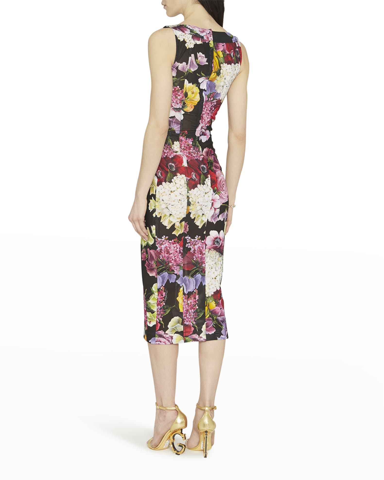 Dolce&Gabbana Floral Marquisette Paneled Midi Dress | Neiman Marcus