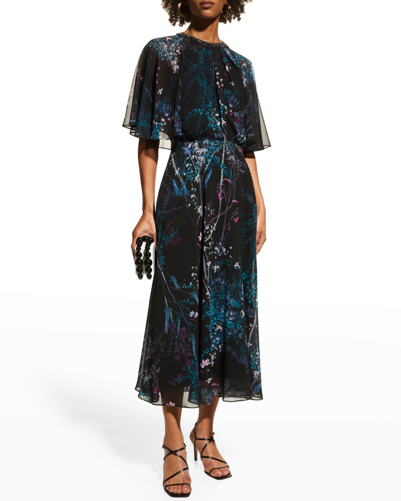 Rickie Freeman for Teri Jon Floral-Print Chiffon Capelet Dress | Neiman  Marcus