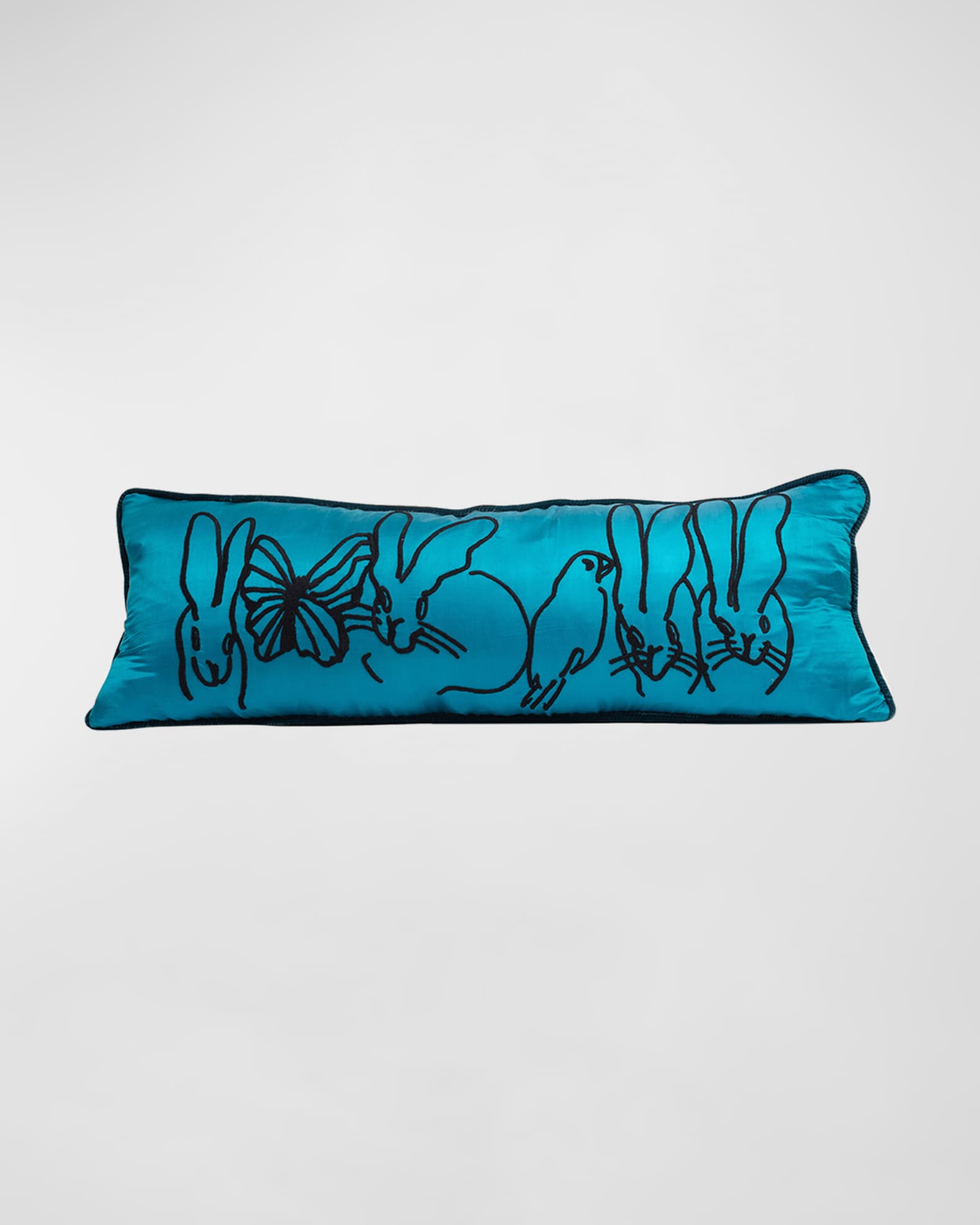 Embroidered Silk & Velvet Menagerie Pillow, 14" x 35" 0