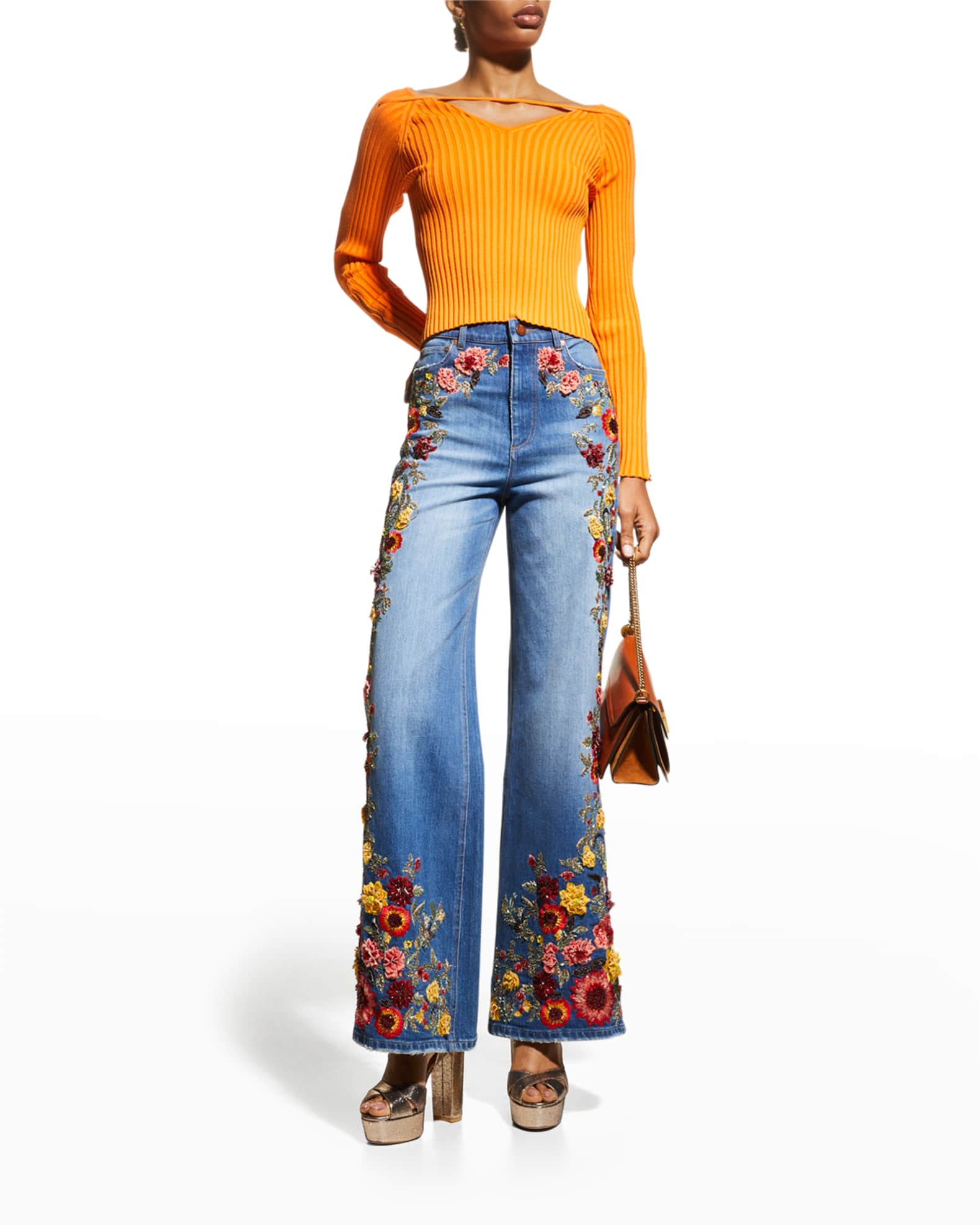 Alice + Olivia Gorgeous Floral Embroidered Wide-Leg Jeans | Neiman Marcus