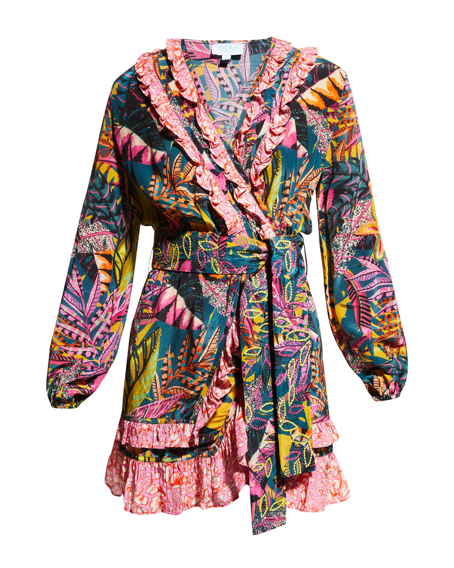 TAJ BY SABRINA Jackal Tiered Wrap Mini Dress | Neiman Marcus